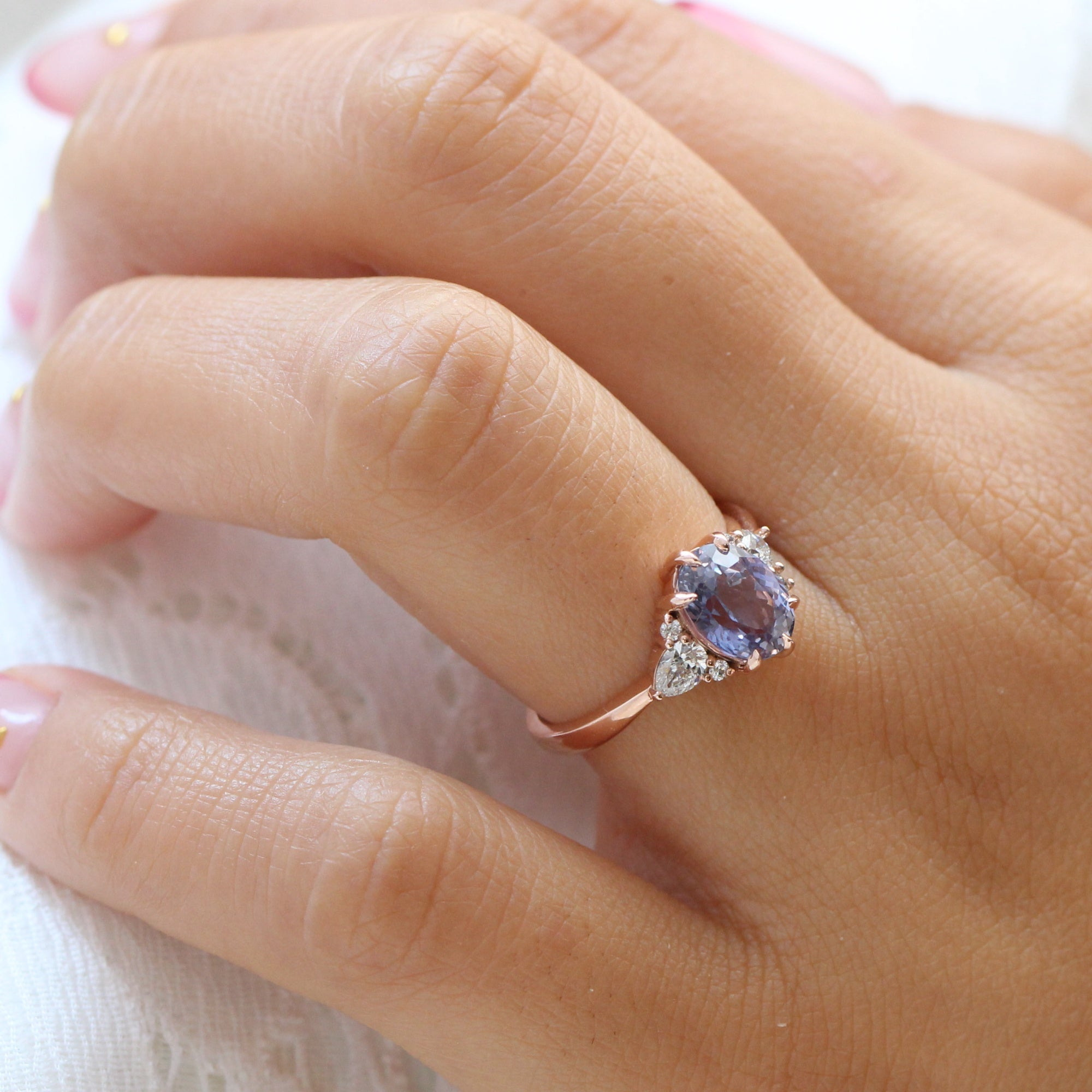 Oval lavender purple sapphire diamond ring rose gold cluster ring la more design jewelry