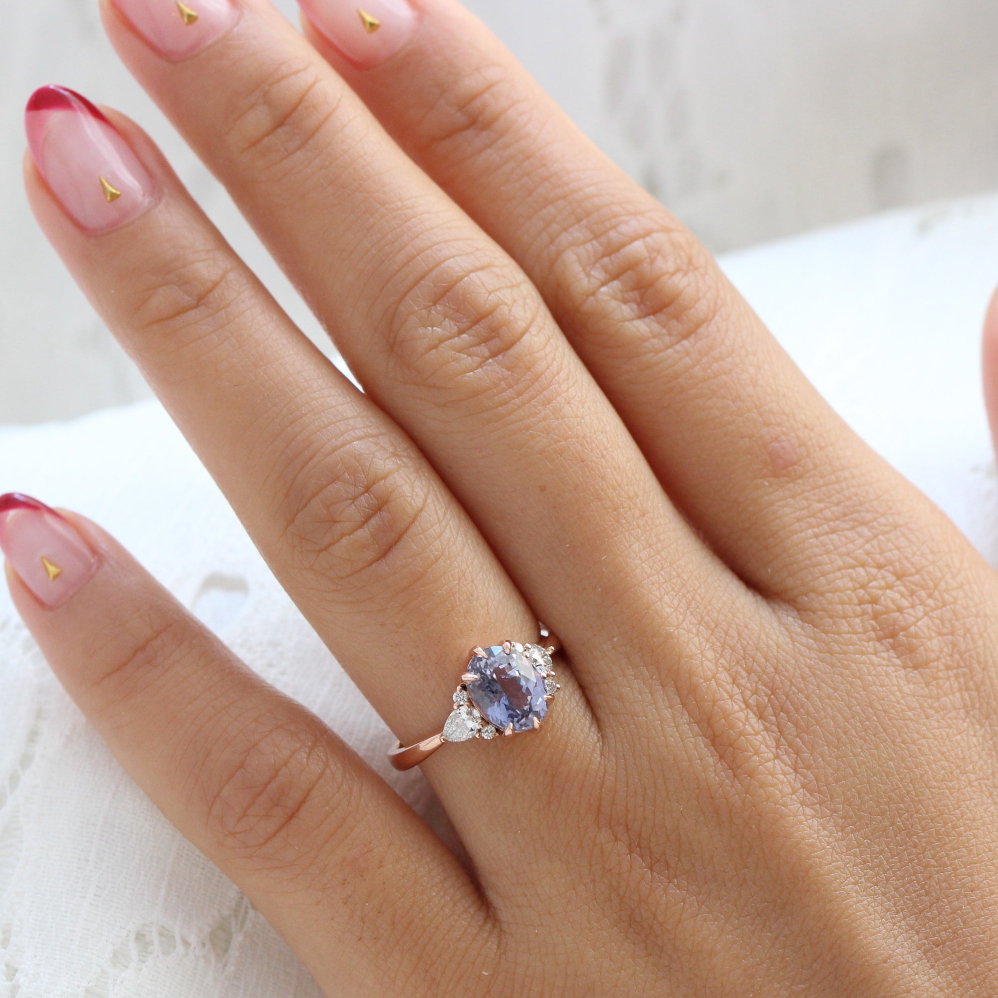 Oval lavender purple sapphire diamond ring rose gold cluster ring la more design jewelry