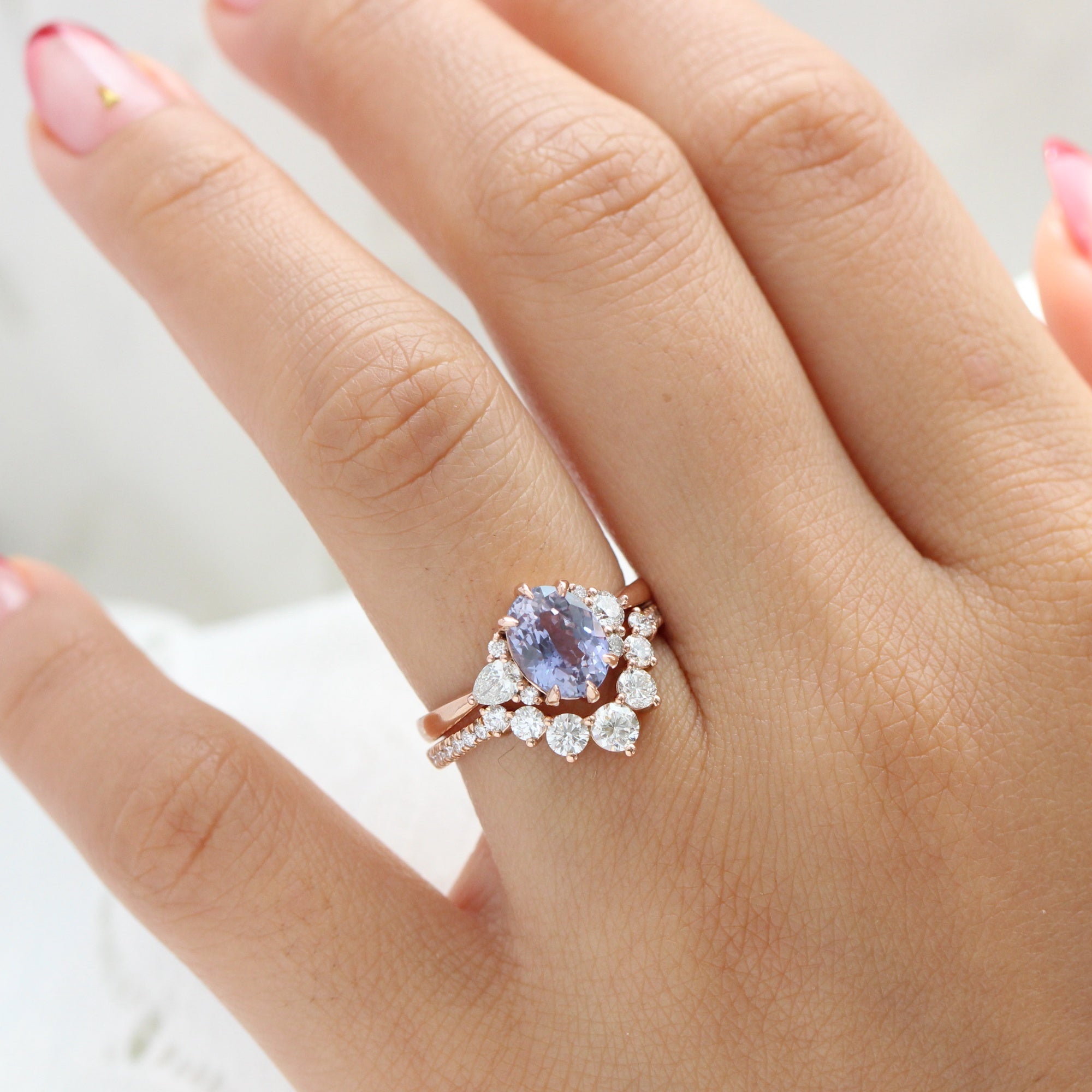 Oval lavender purple sapphire diamond ring rose gold cluster ring la more design jewelry