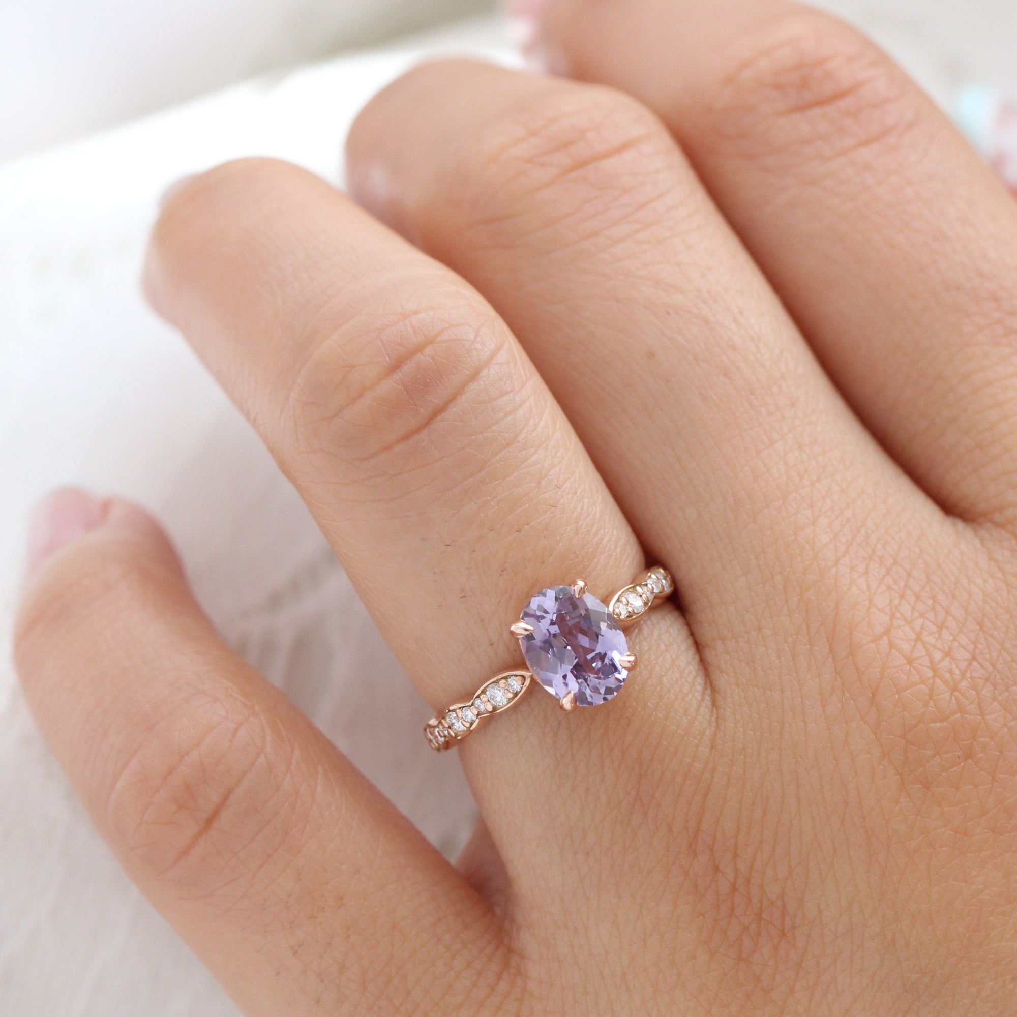 Oval lavender sapphire ring rose gold scalloped diamond band low set engagement ring la more design jewelry
