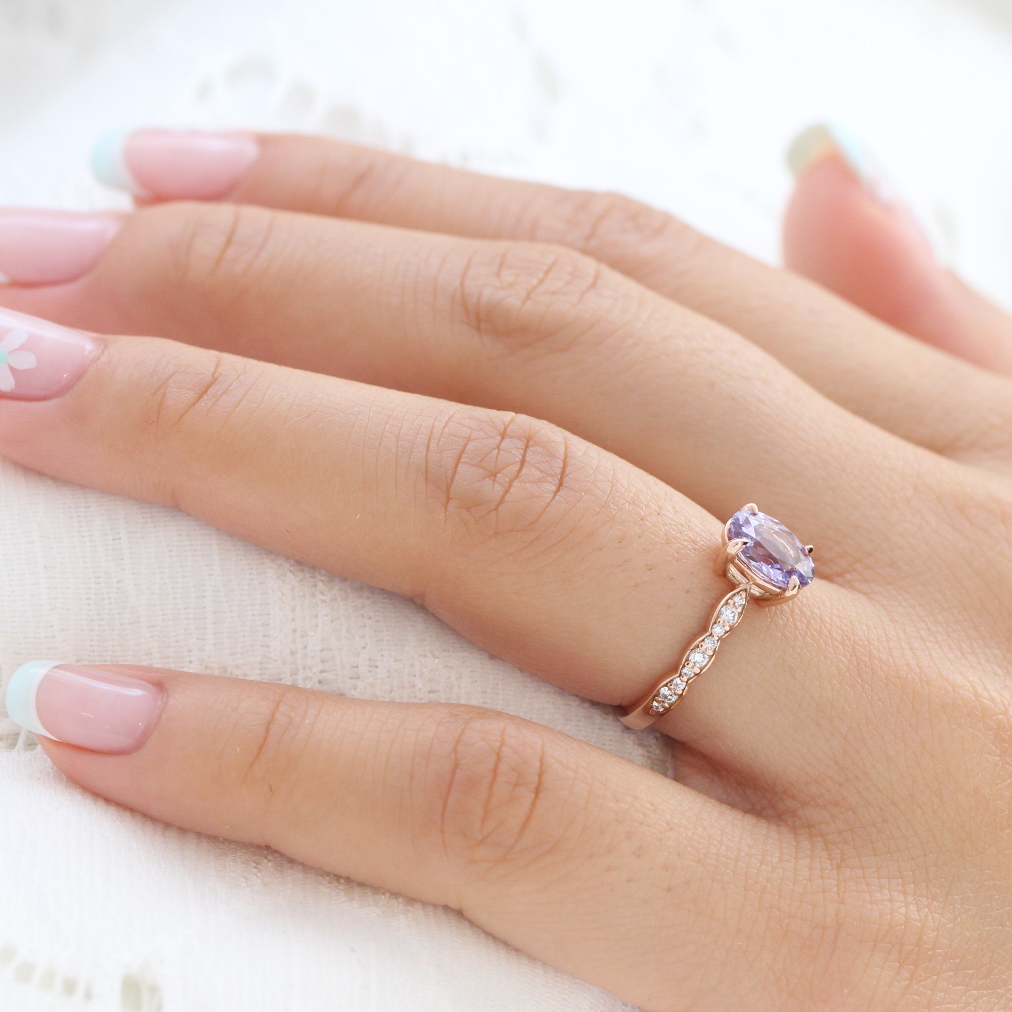 Oval lavender sapphire ring rose gold scalloped diamond band low set engagement ring la more design jewelry