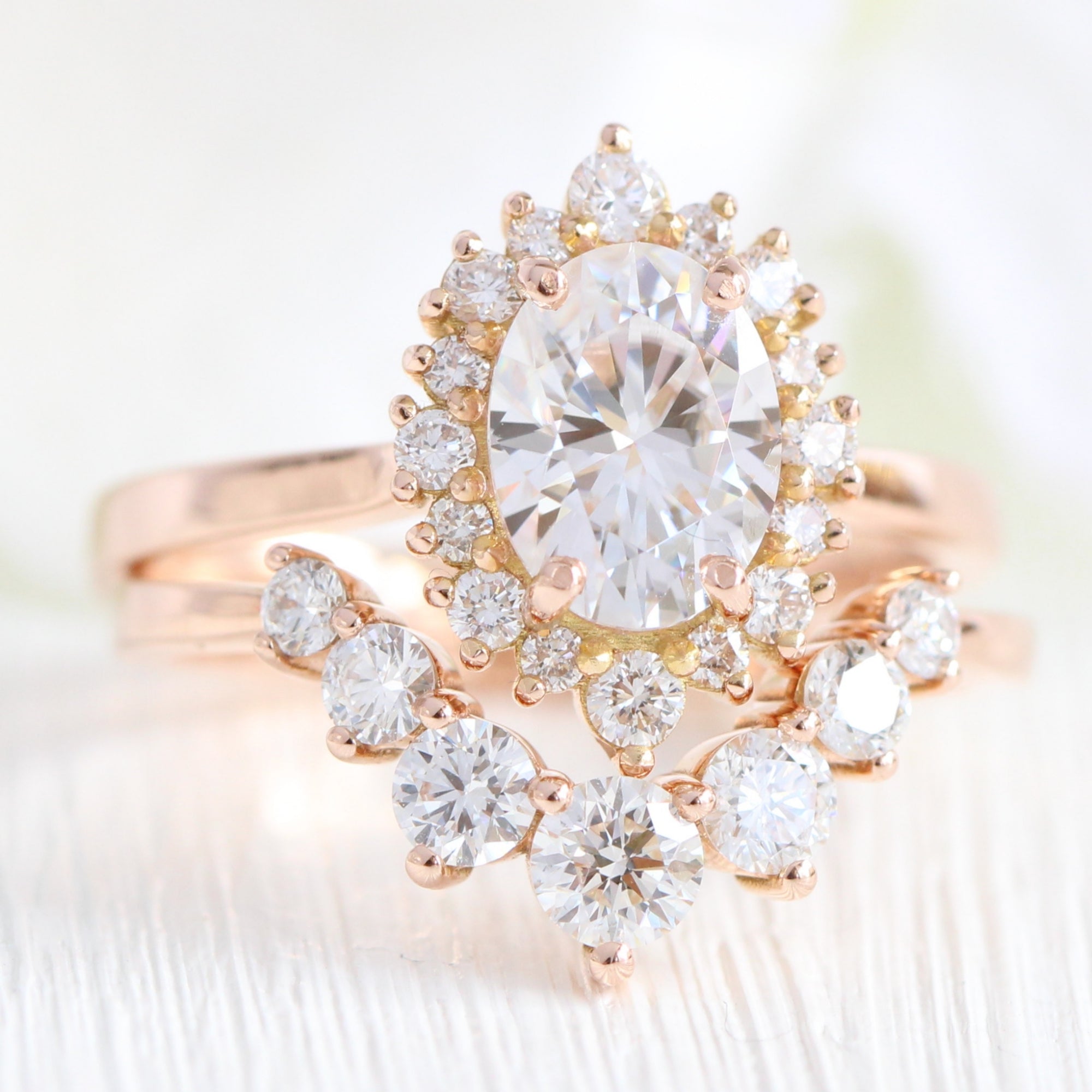 Oval moissanite ring rose gold u shaped diamond wedding band stacking ring la more design jewelry
