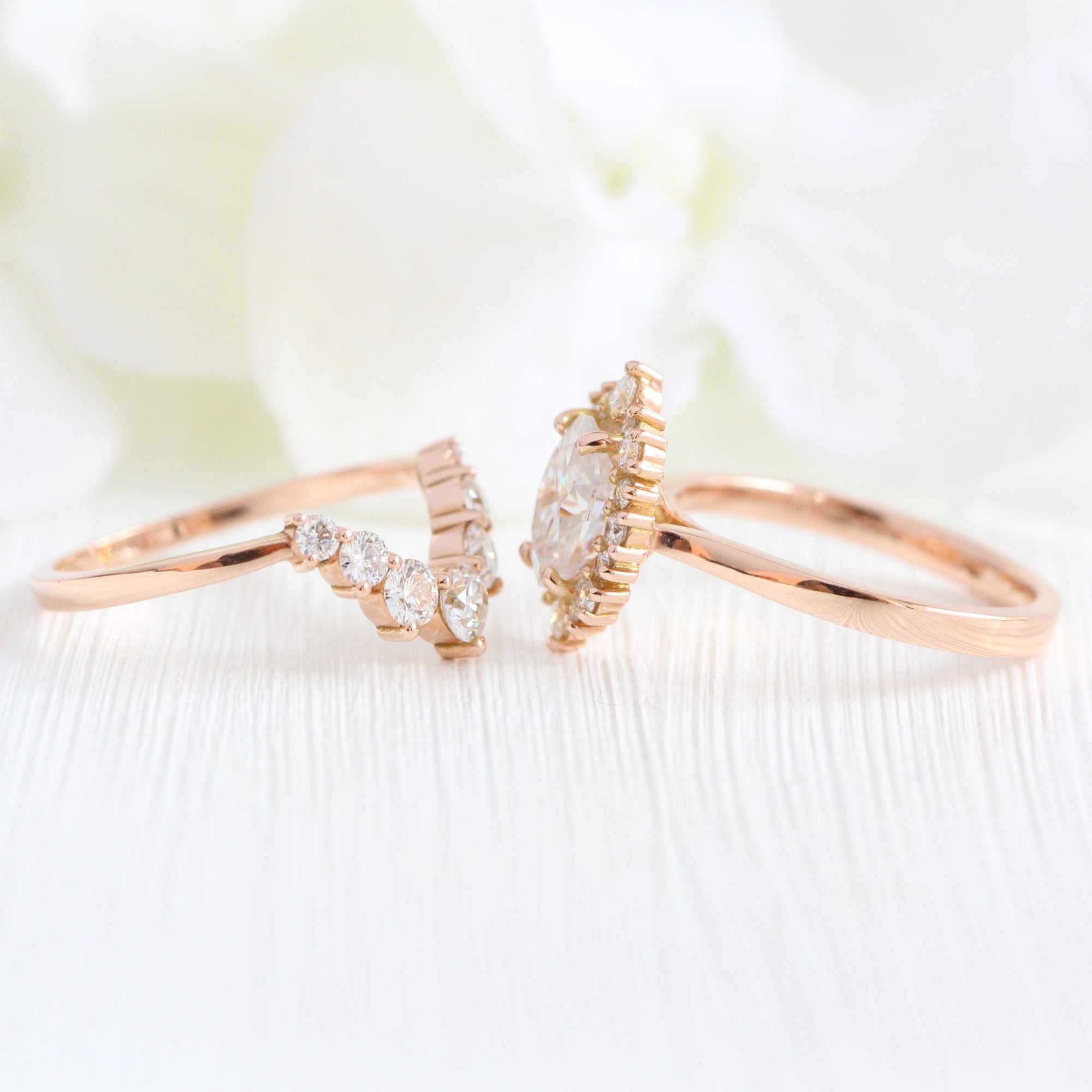 Oval moissanite ring rose gold u shaped diamond wedding band stacking ring la more design jewelry