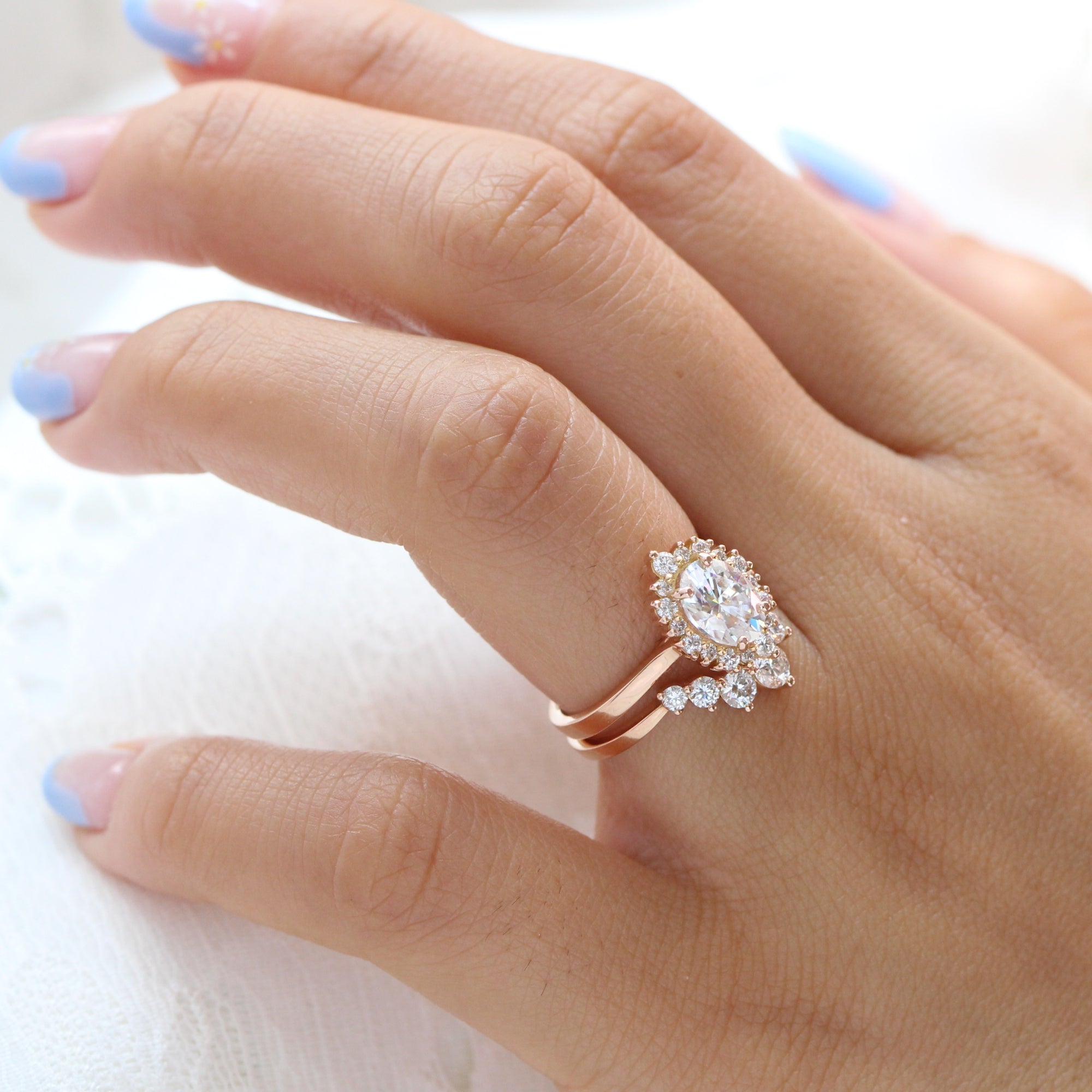 Oval moissanite ring rose gold u shaped diamond wedding band stacking ring la more design jewelry