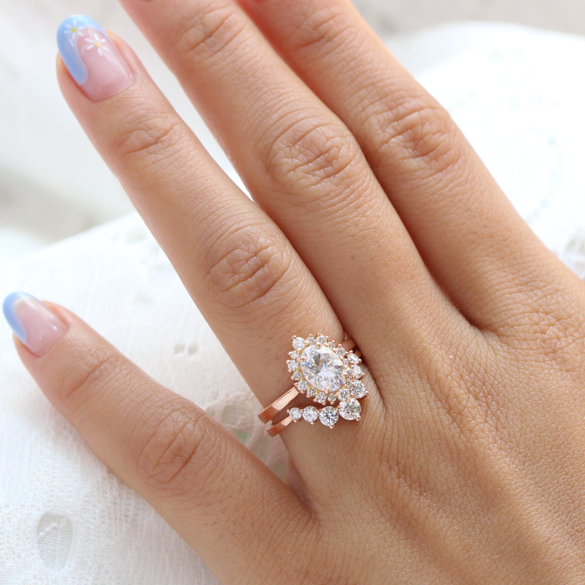 Oval moissanite ring rose gold u shaped diamond wedding band stacking ring la more design jewelry