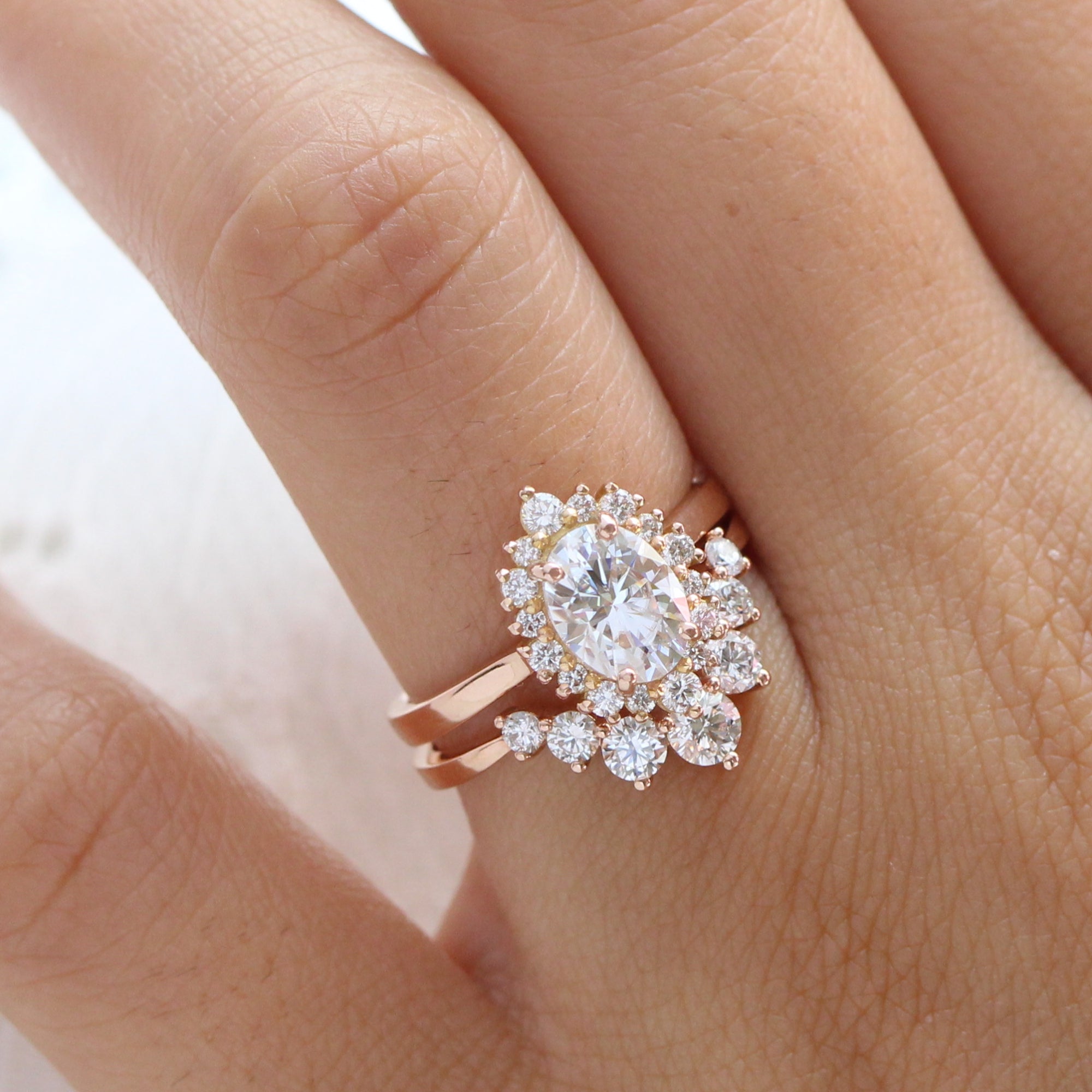 Oval moissanite ring rose gold u shaped diamond wedding band stacking ring la more design jewelry