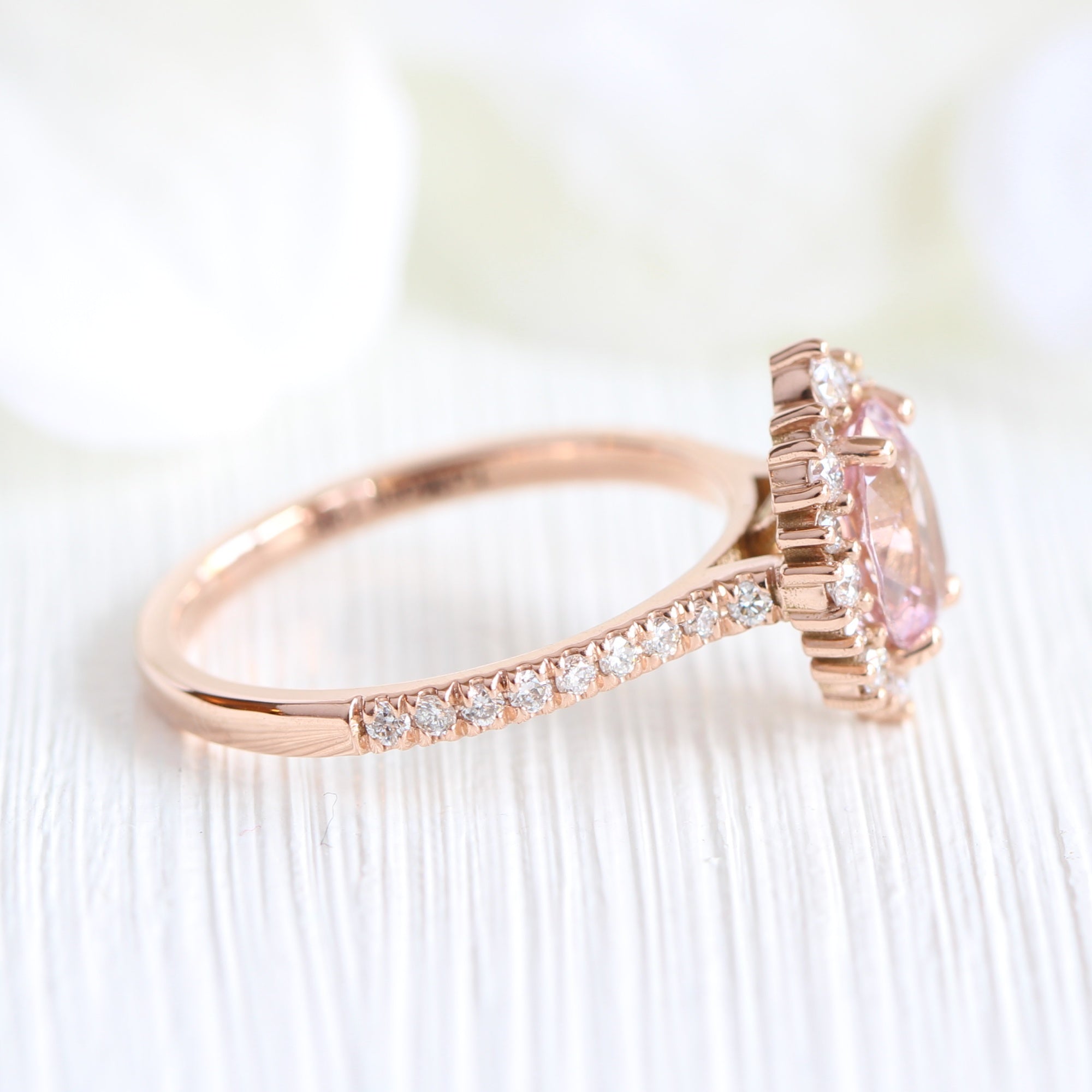 Oval padparadscha sapphire ring rose gold halo diamond engagement ring la more design jewelry