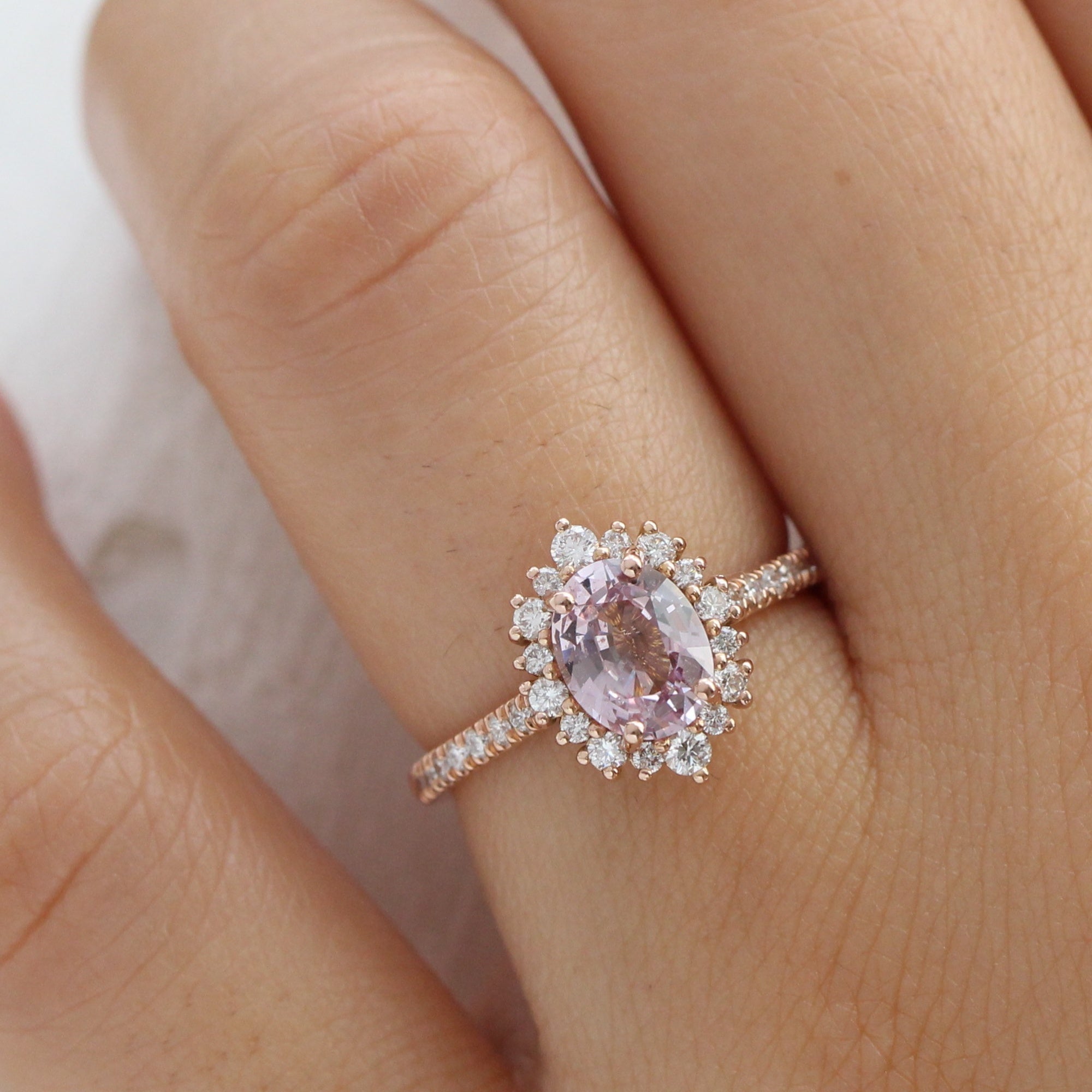 Oval padparadscha sapphire ring rose gold halo diamond engagement ring la more design jewelry