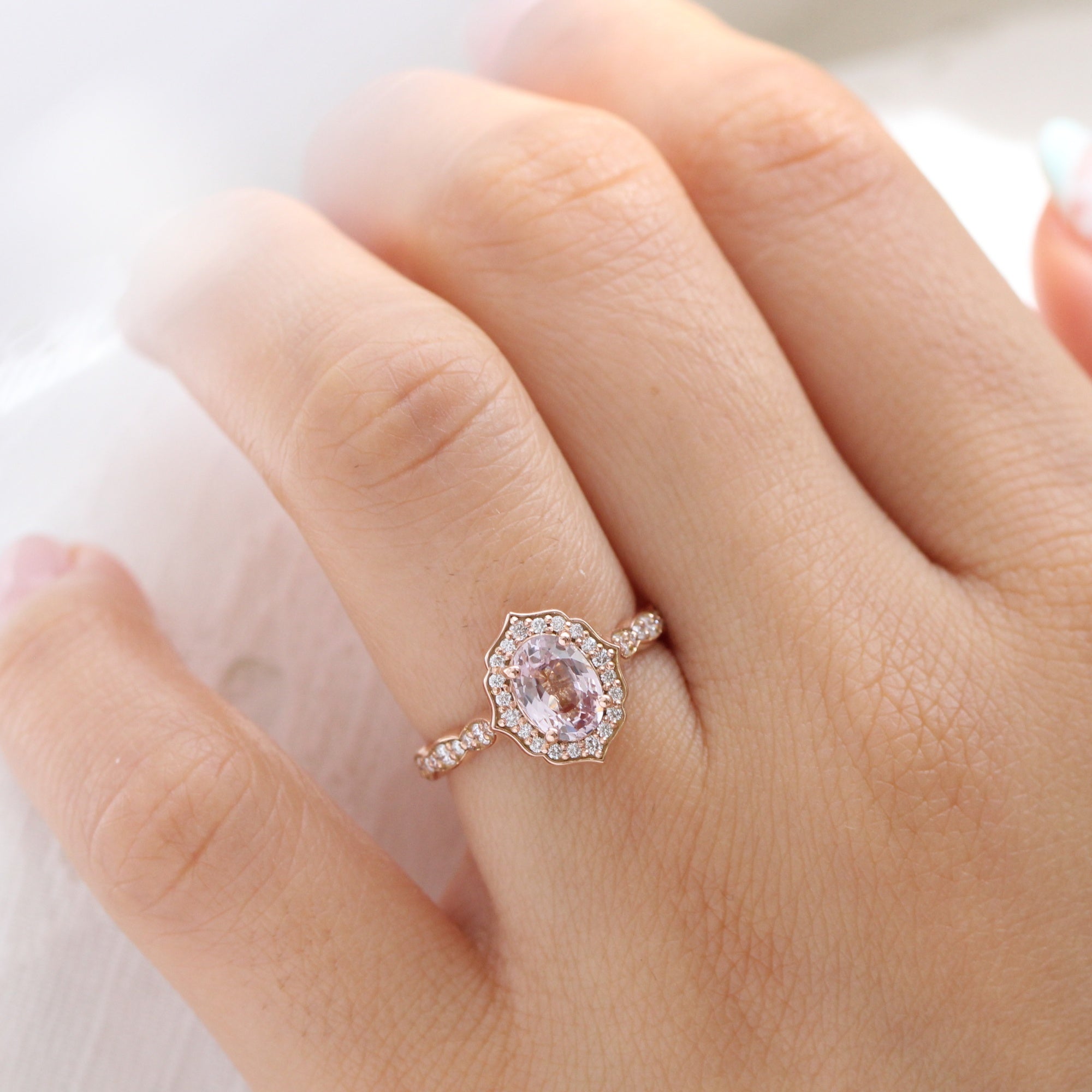 Oval padparadscha sapphire ring rose gold vintage halo diamond ring la more design jewelry
