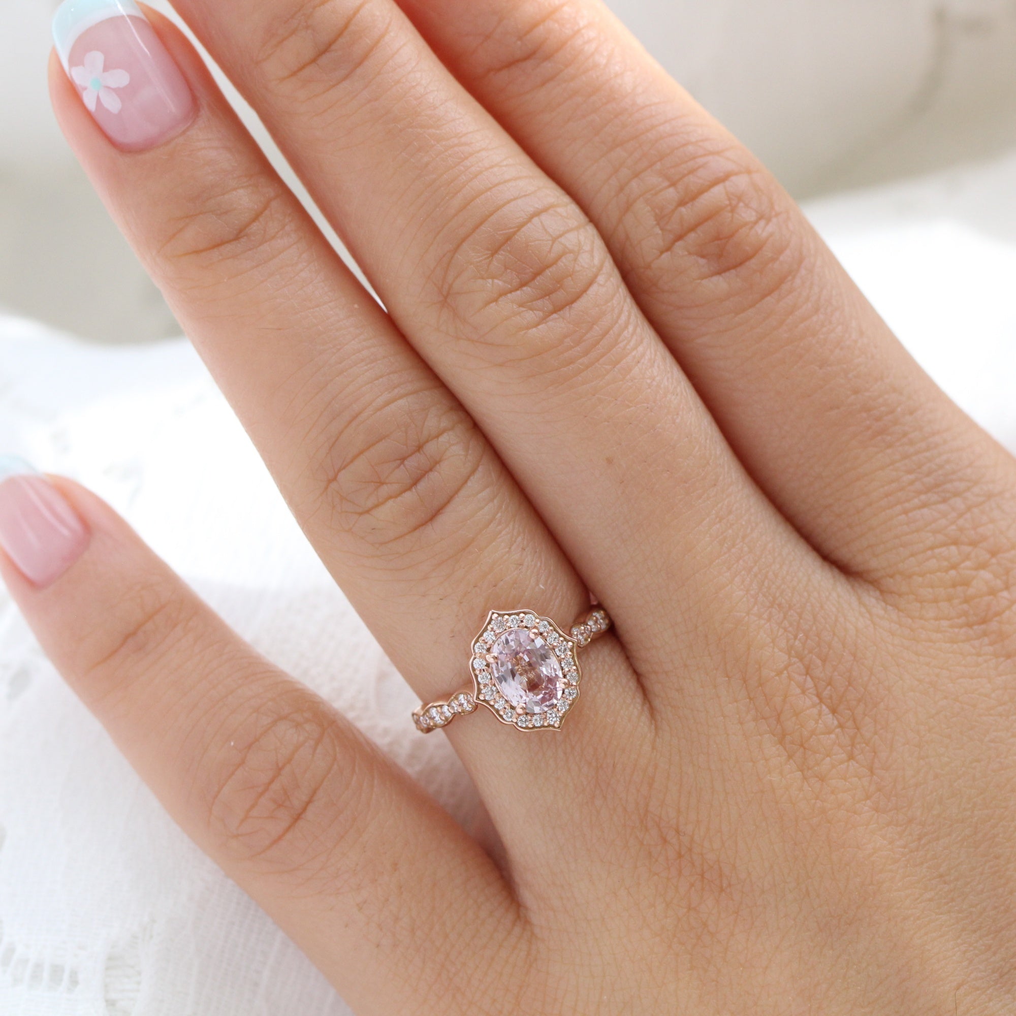Oval padparadscha sapphire ring rose gold vintage halo diamond ring la more design jewelry