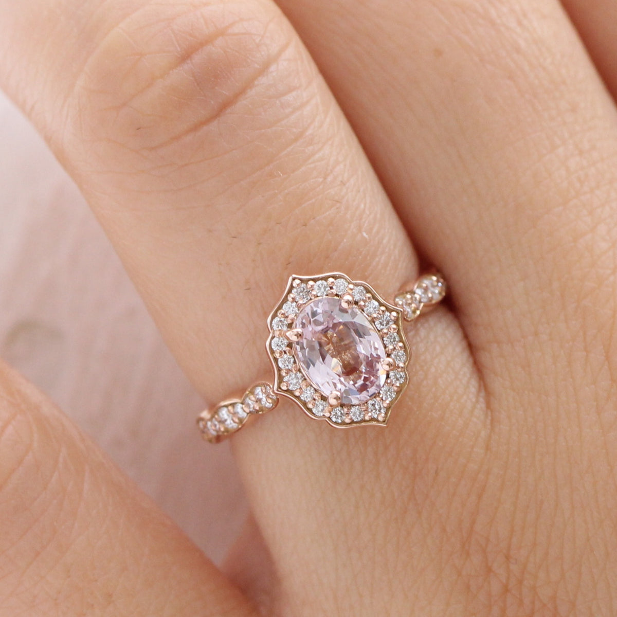 Oval padparadscha sapphire ring rose gold vintage halo diamond ring la more design jewelry