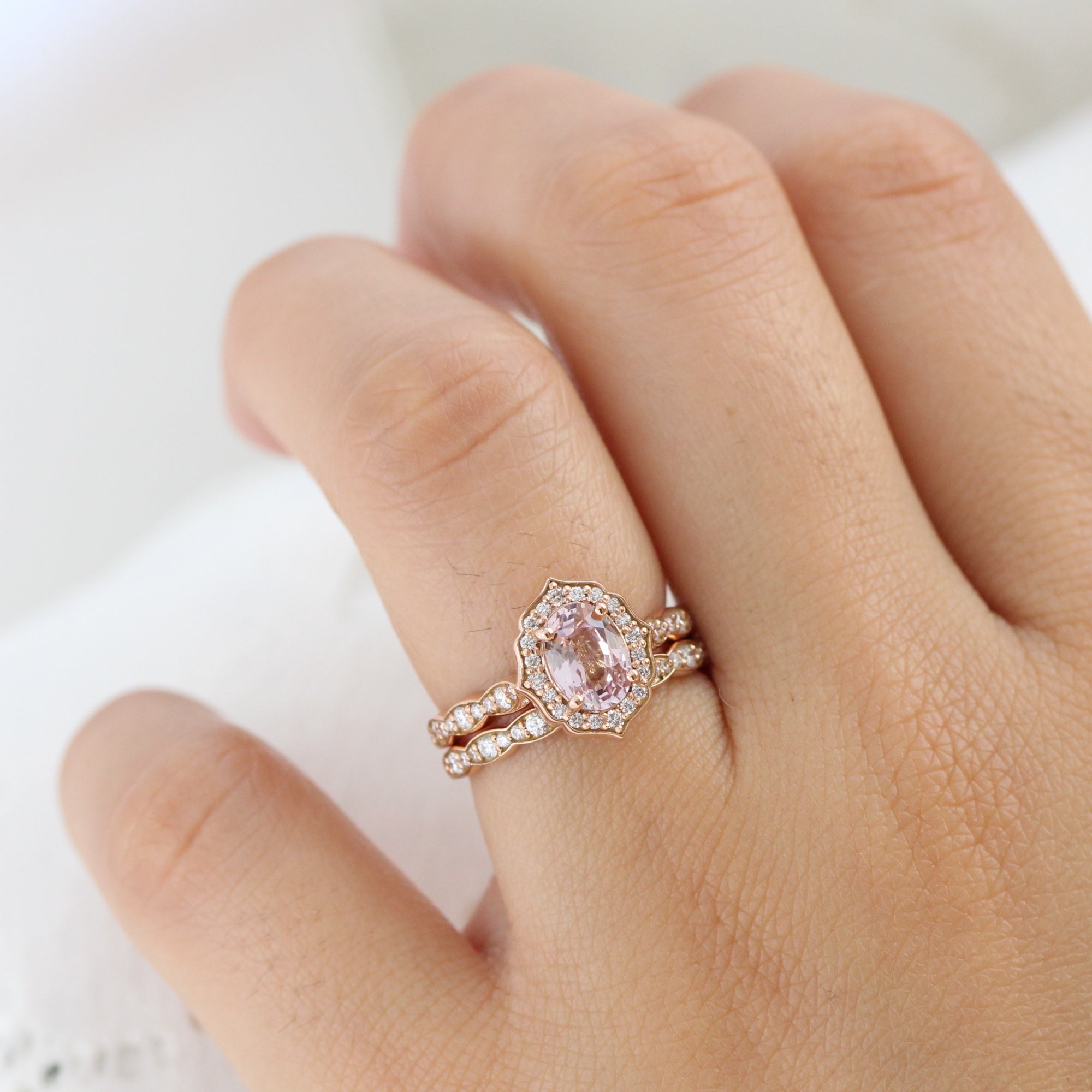 Oval padparadscha sapphire ring rose gold vintage halo diamond ring la more design jewelry