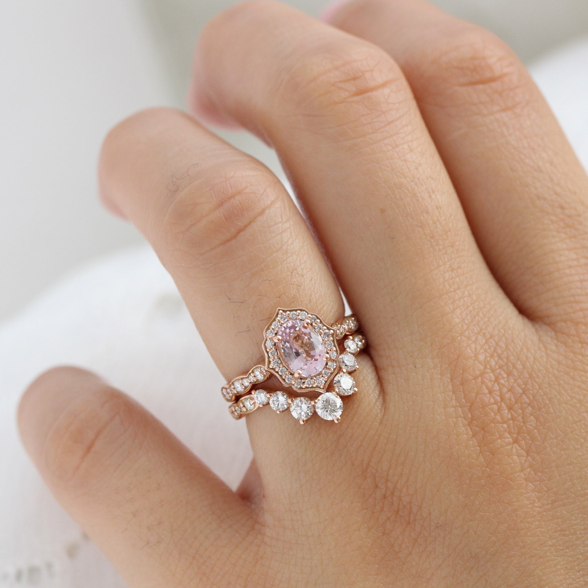 Oval padparadscha sapphire ring rose gold vintage halo diamond ring la more design jewelry