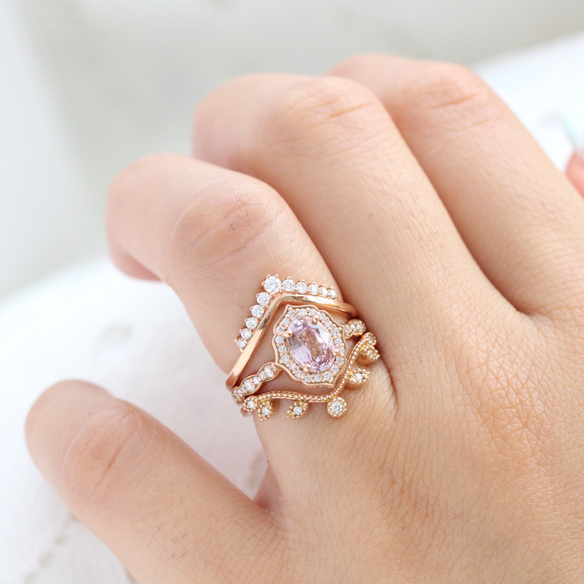 Oval padparadscha sapphire ring rose gold vintage halo diamond ring la more design jewelry
