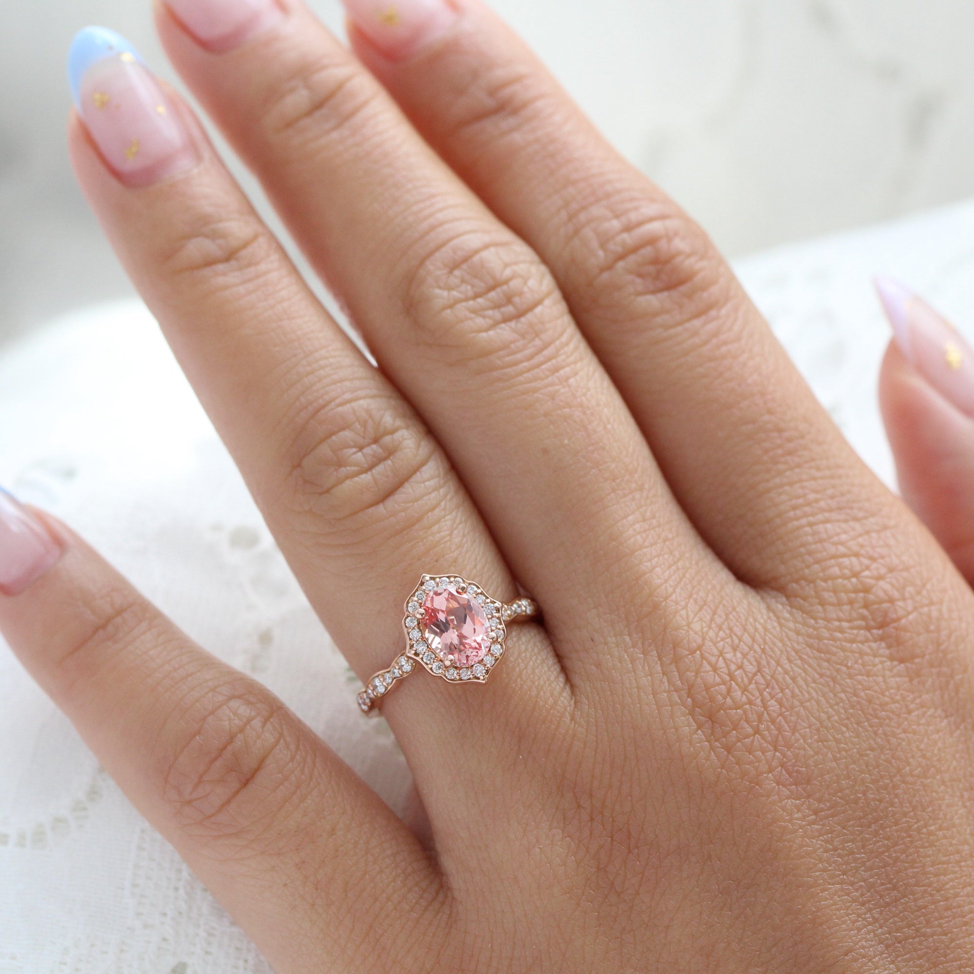 Oval peach sapphire engagement ring rose gold vintage halo diamond sapphire ring la more design jewelry