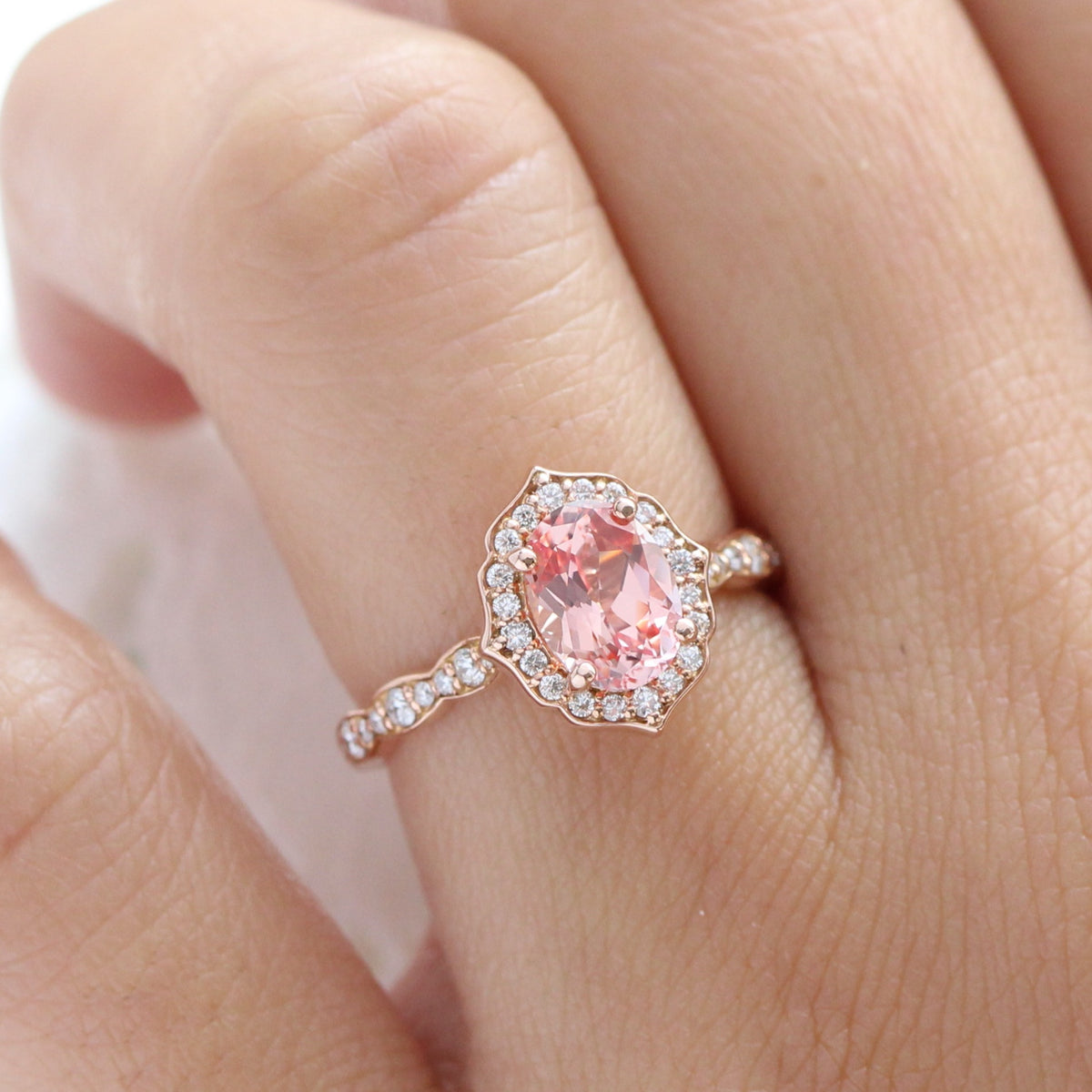 Oval peach sapphire engagement ring rose gold vintage halo diamond sapphire ring la more design jewelry