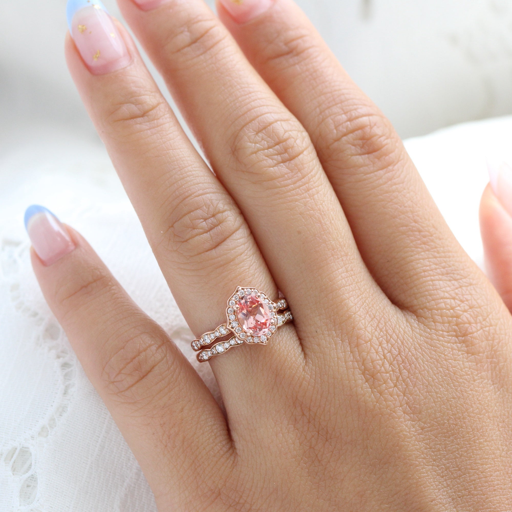 Oval peach sapphire engagement ring stack rose gold vintage halo diamond sapphire ring la more design jewelry