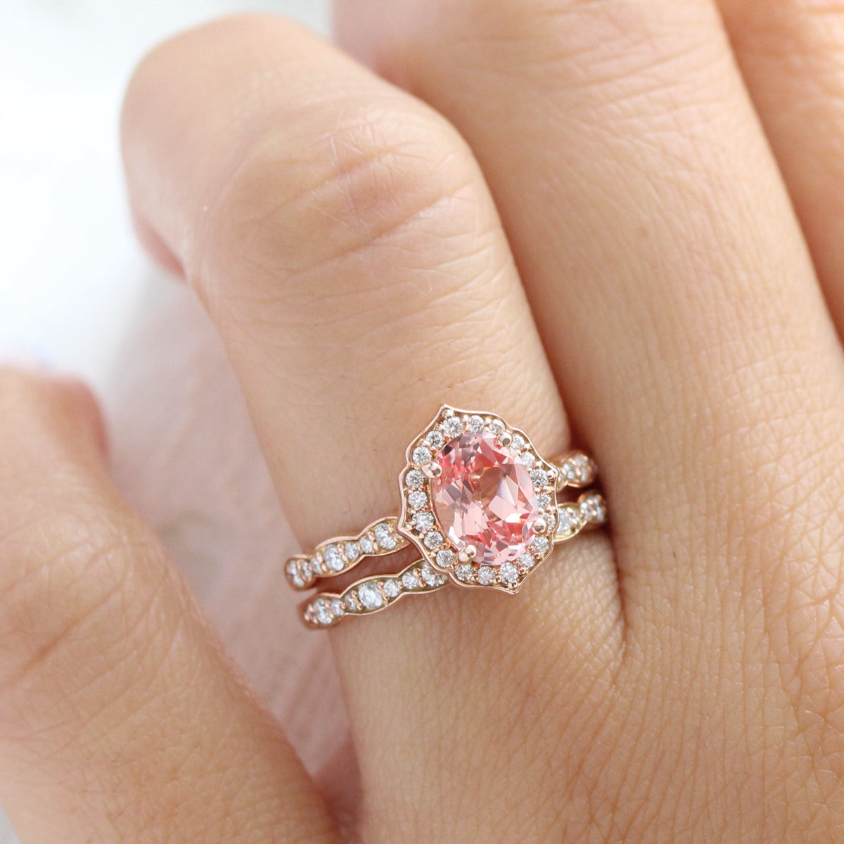 Oval peach sapphire engagement ring stack rose gold vintage halo diamond sapphire ring la more design jewelry