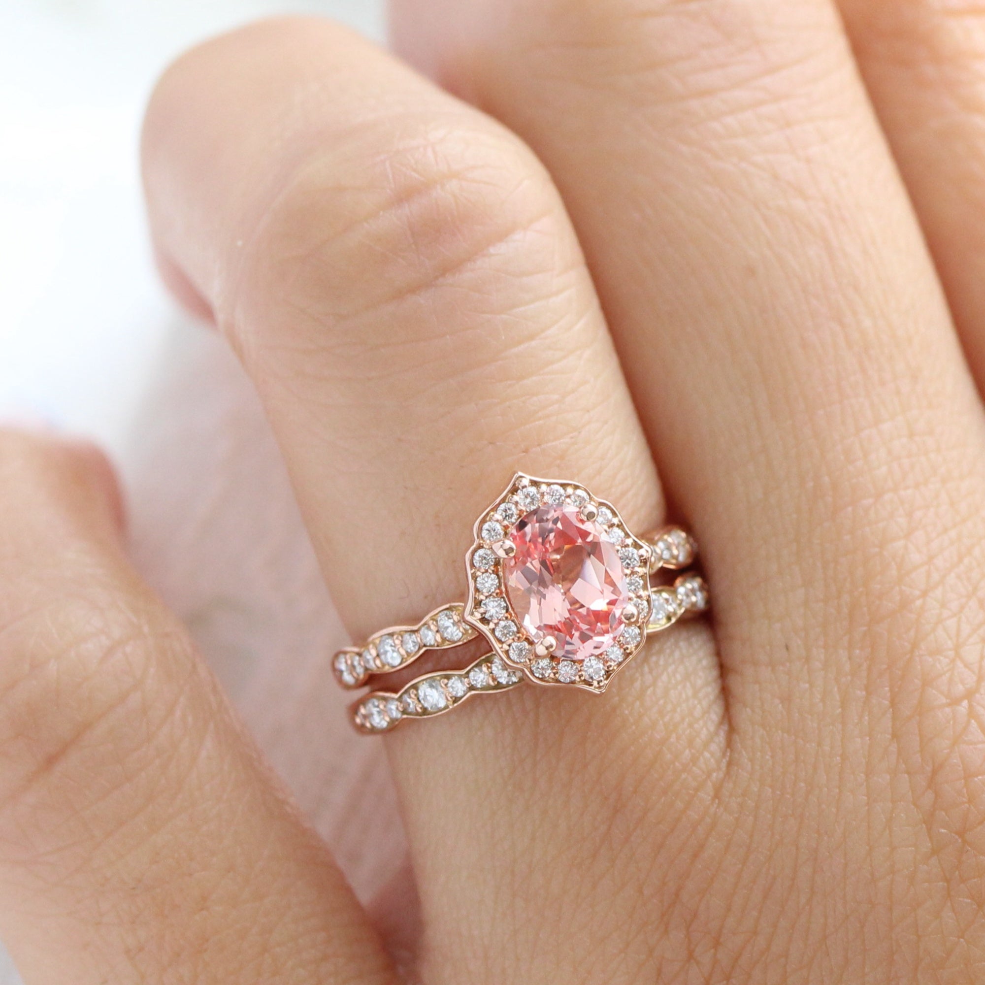 Oval peach sapphire engagement ring stack rose gold vintage halo diamond sapphire ring la more design jewelry