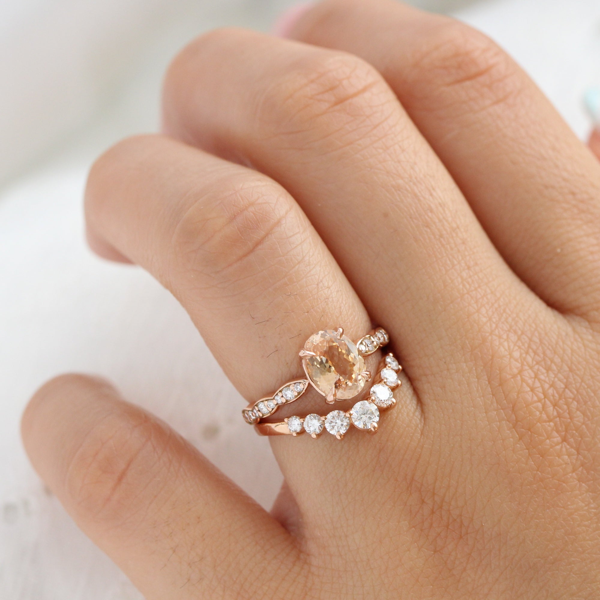 Oval peach sapphire ring rose gold diamond band low set engagement ring la more design jewelry