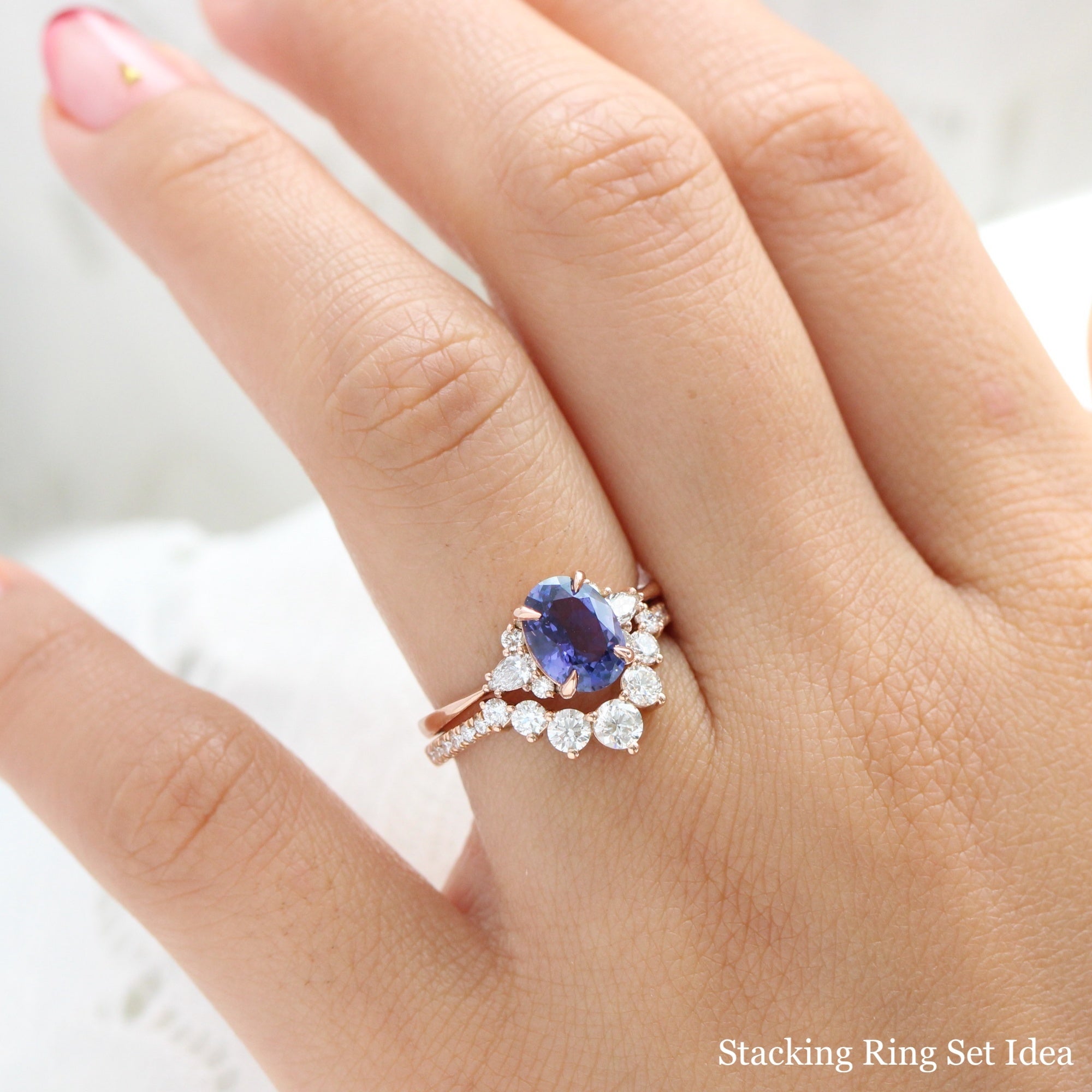 Oval purple sapphire diamond ring rose gold 3 stone ring la more design jewelry