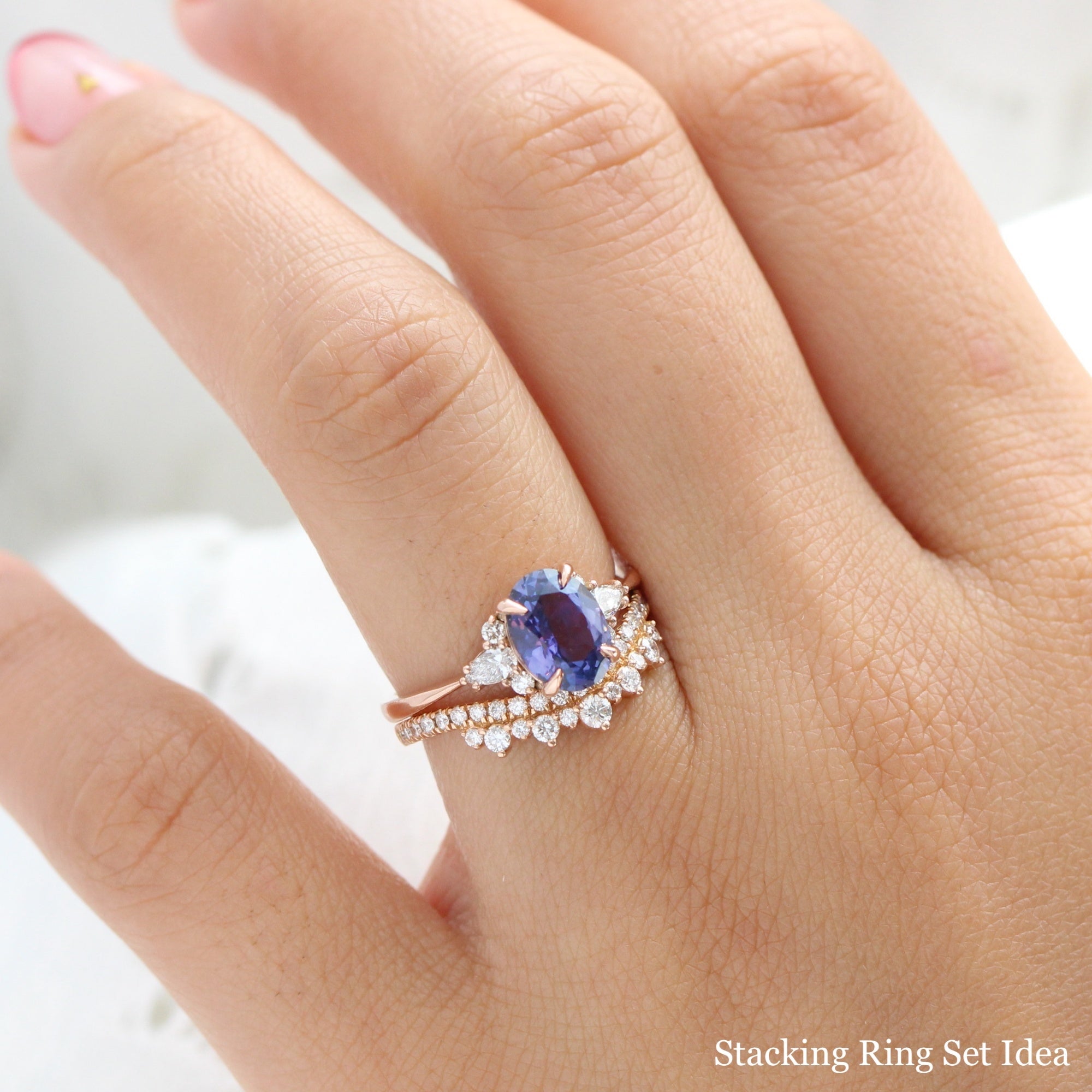 Oval purple sapphire diamond ring rose gold 3 stone ring la more design jewelry