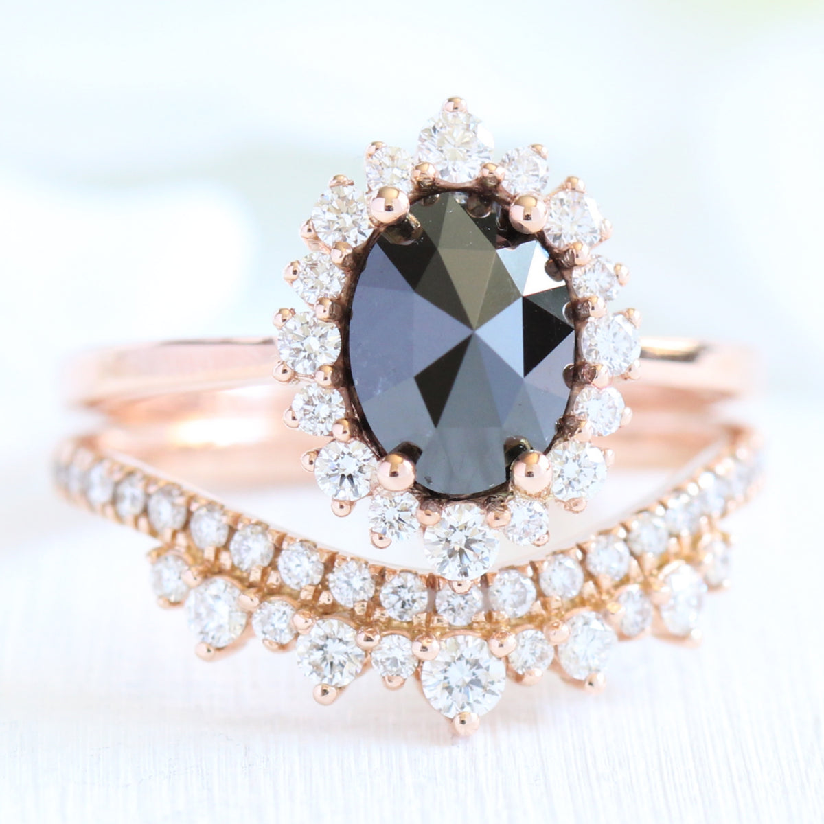 Oval rose cut black diamond ring rose gold and crown diamond wedding set by la more design