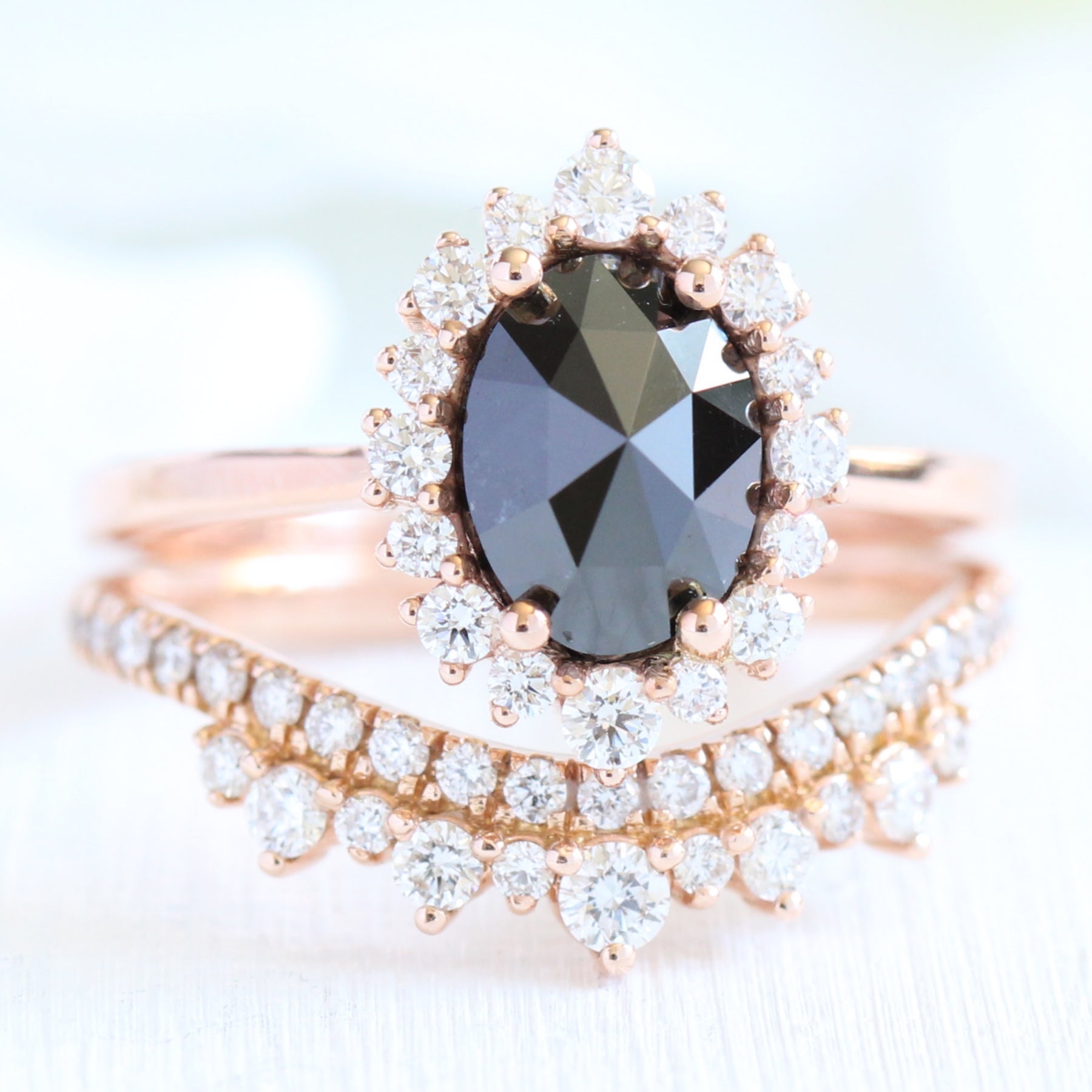 Oval rose cut black diamond ring rose gold and crown diamond wedding set by la more design