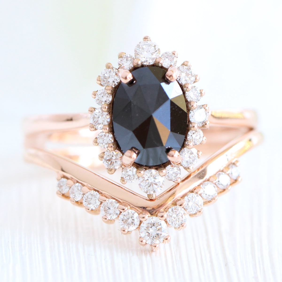 Oval rose cut black diamond ring rose gold and v shaped diamond wedding set by la more design