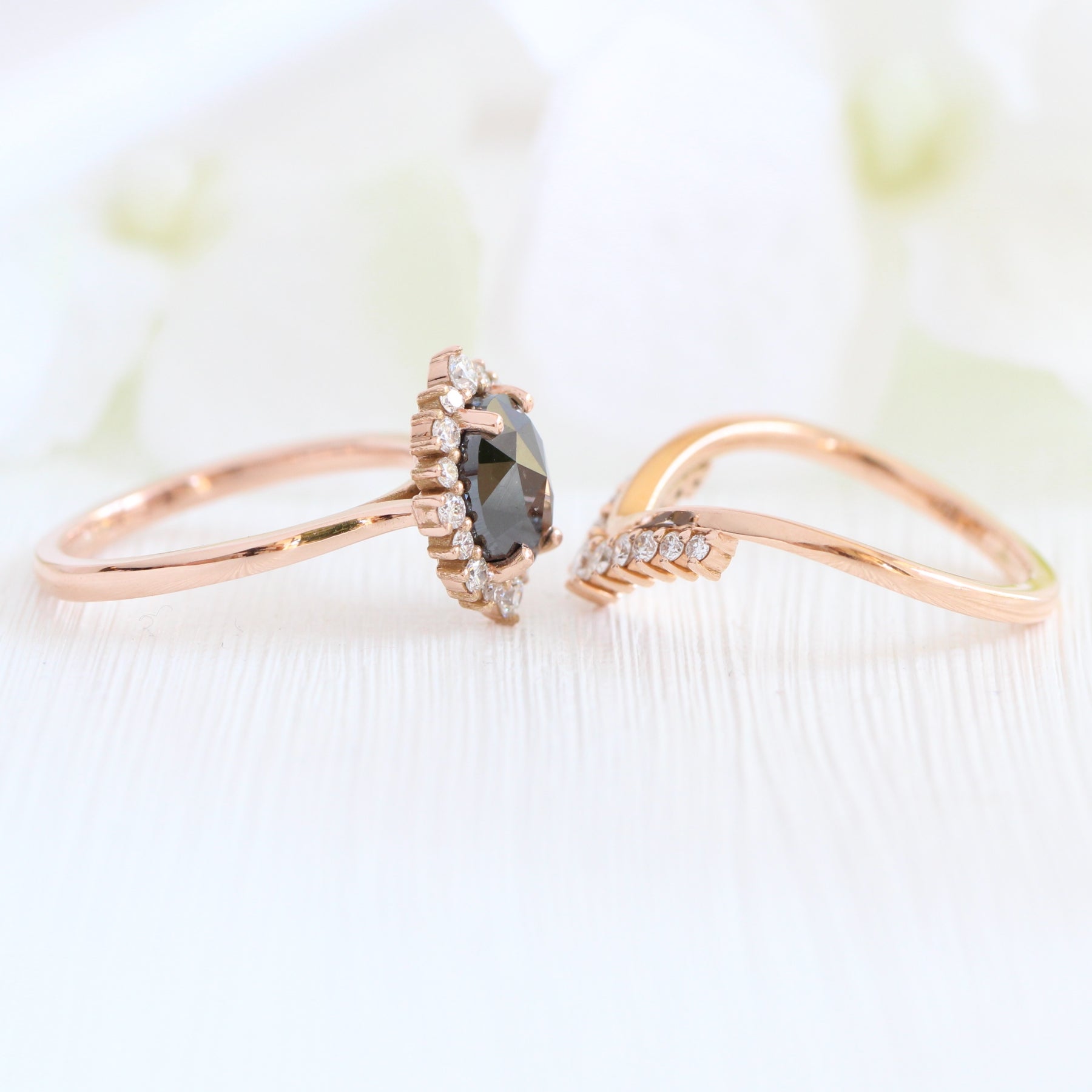 Oval rose cut black diamond ring rose gold and v shaped diamond wedding set by la more design