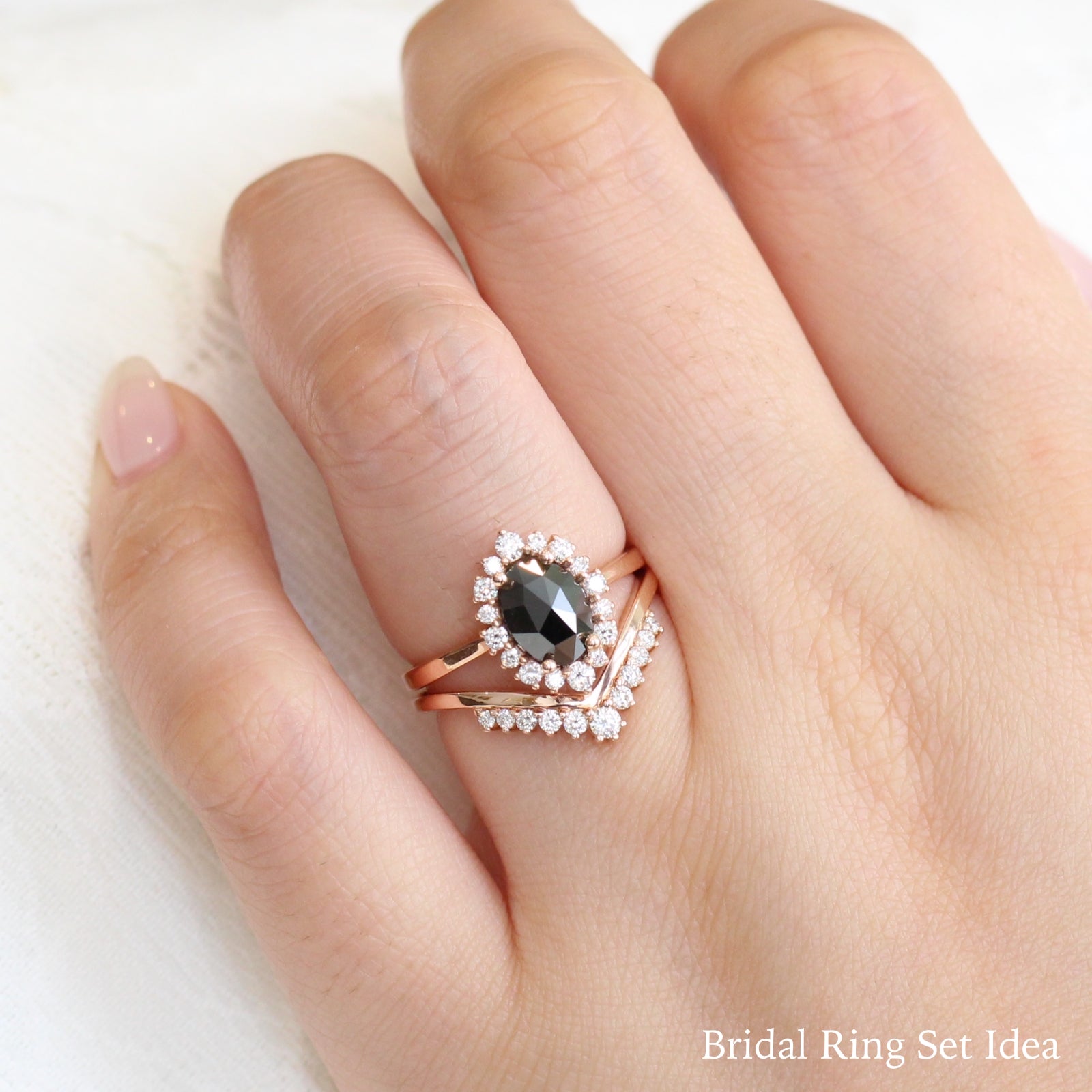 oval black diamond ring gold rose cut diamond ring v shaped wedding band set la more design jewelry