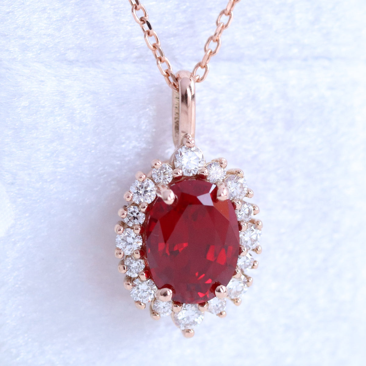 Oval ruby necklace rose gold halo style ruby diamond drop pendant necklace la more design jewelry