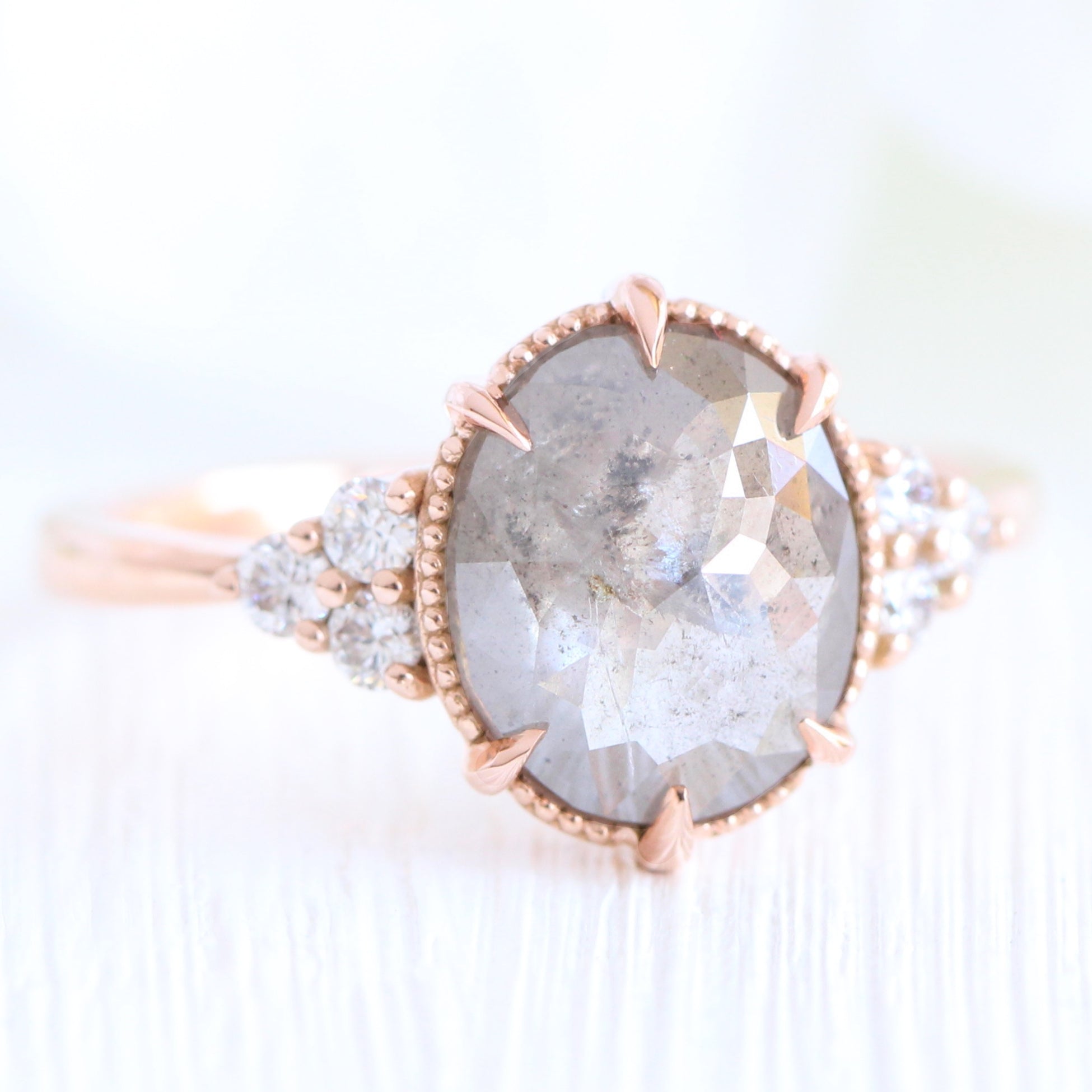 Oval salt and pepper diamond ring rose gold vintage 3 stone ring la more design jewelry