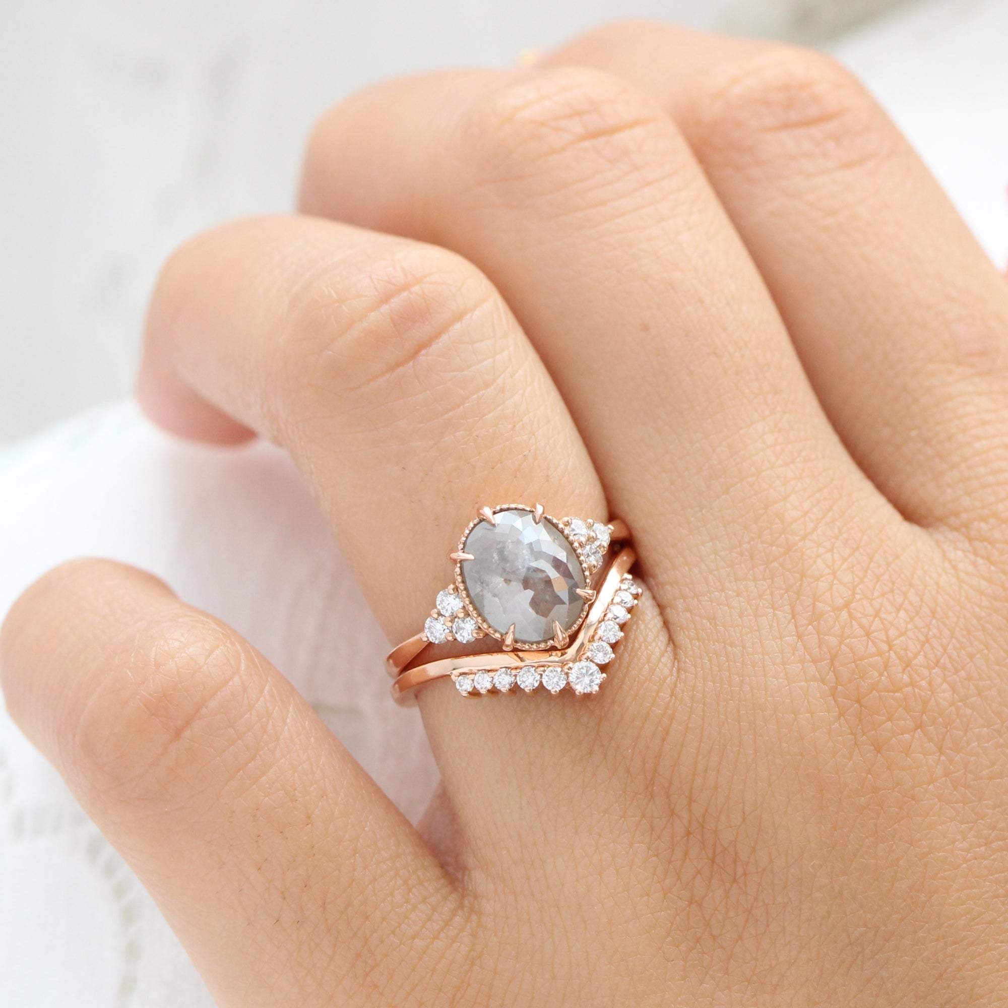 Oval salt and pepper diamond ring rose gold vintage 3 stone ring la more design jewelry