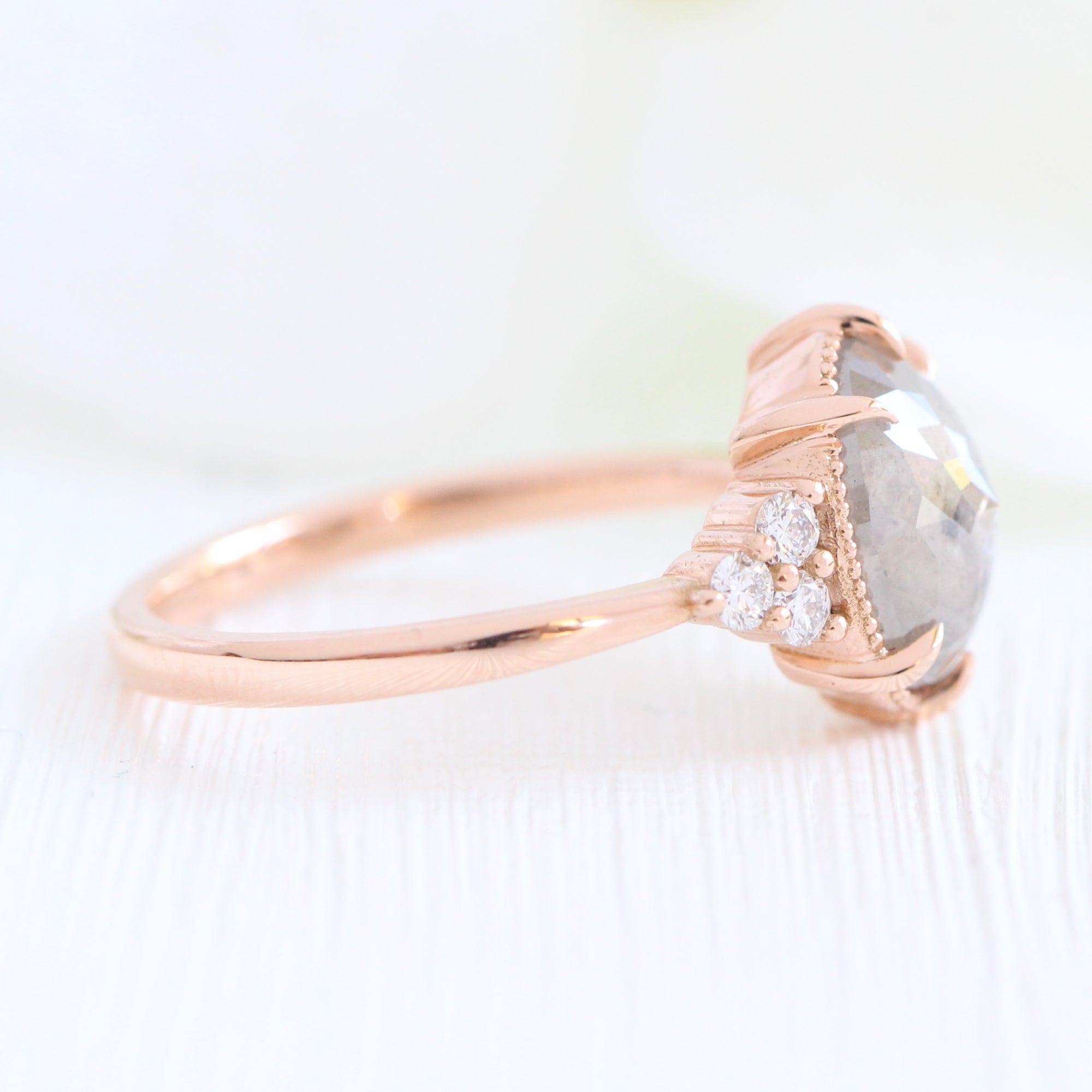Oval salt and pepper diamond ring rose gold vintage 3 stone ring la more design jewelry