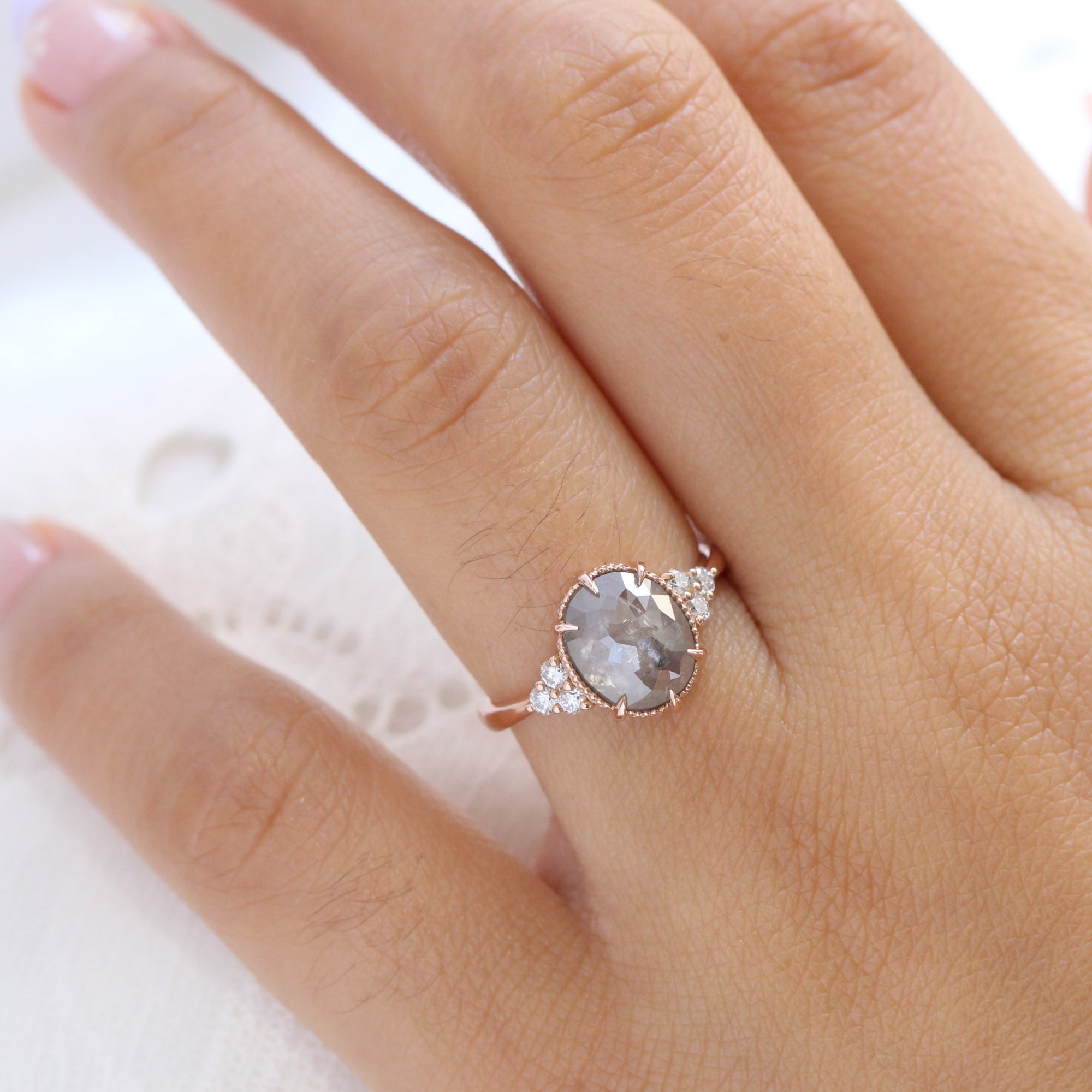 Oval salt and pepper diamond ring rose gold vintage 3 stone ring la more design jewelry