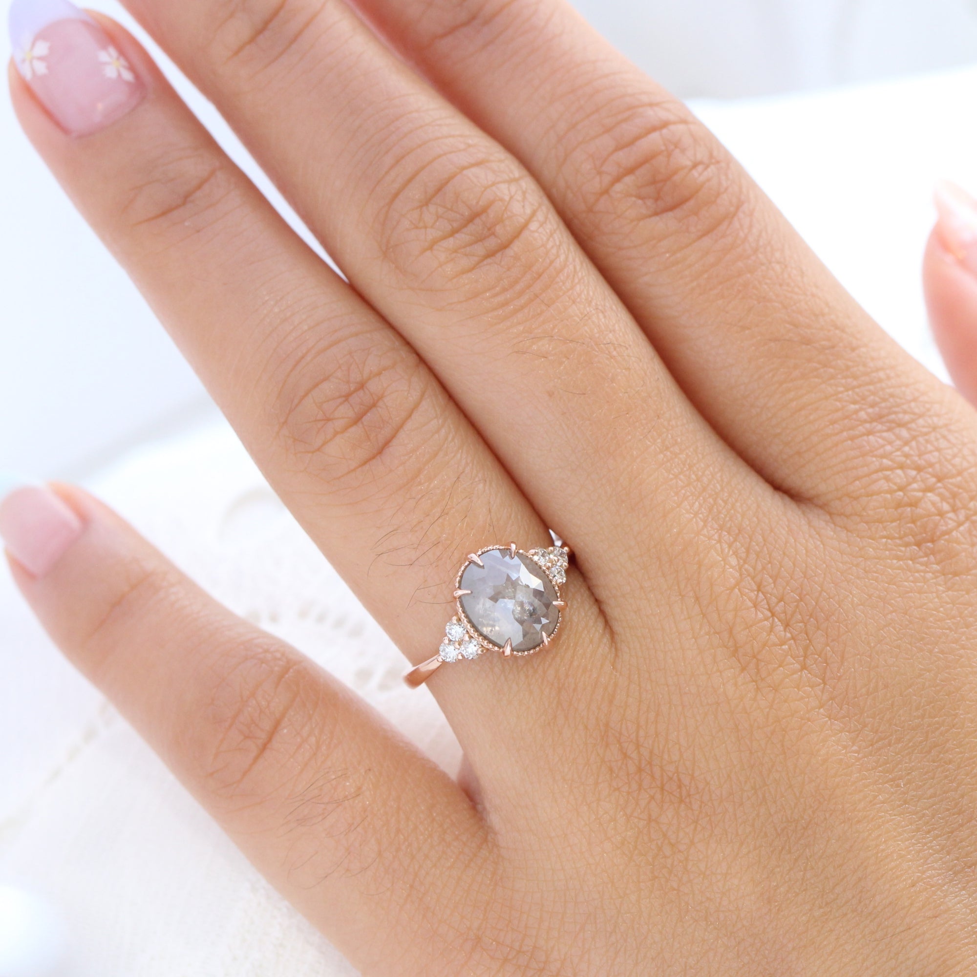 Oval salt and pepper diamond ring rose gold vintage 3 stone ring la more design jewelry