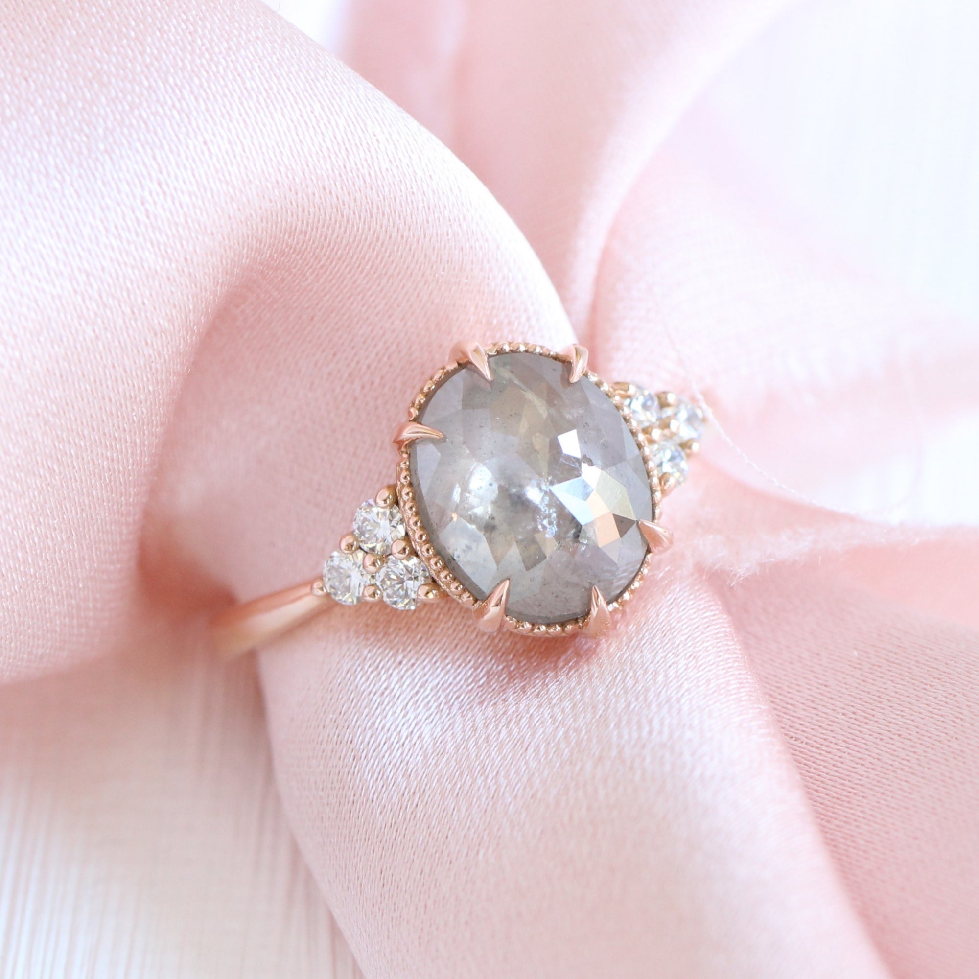 Oval salt and pepper diamond ring rose gold vintage 3 stone ring la more design jewelry