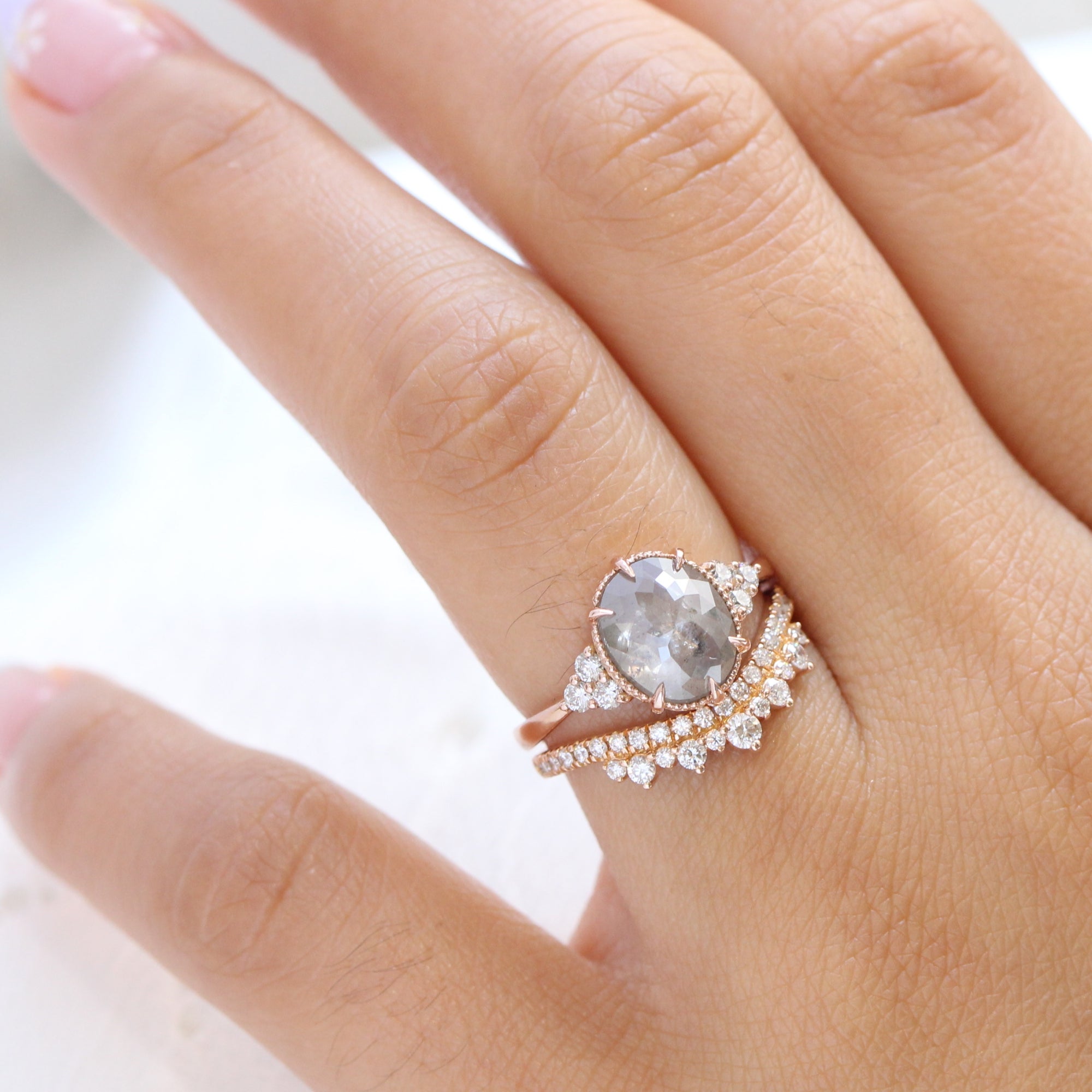 Oval salt and pepper diamond ring rose gold vintage 3 stone ring la more design jewelry