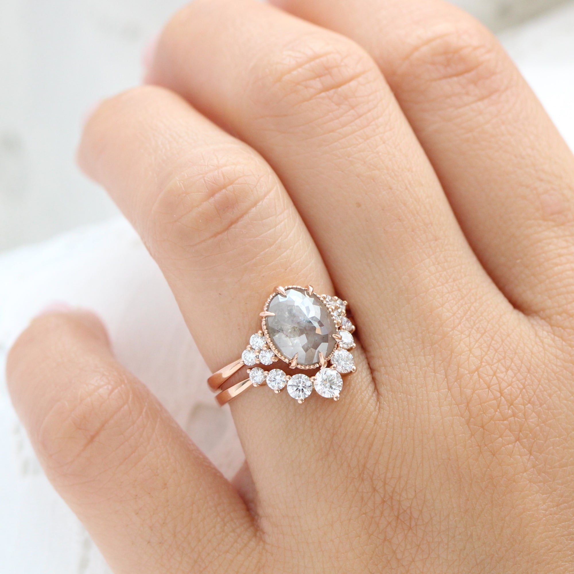 Oval salt and pepper diamond ring rose gold vintage 3 stone ring la more design jewelry