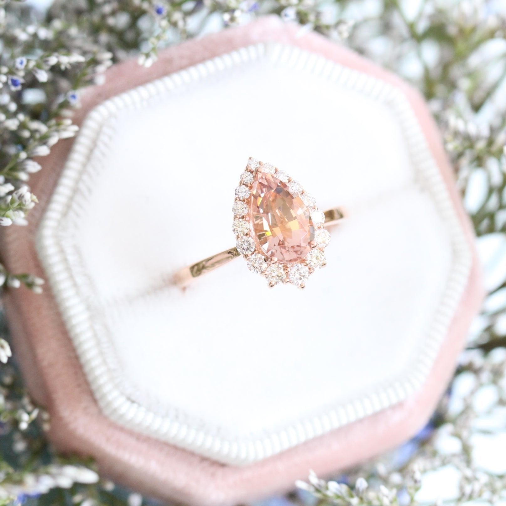 Peach Morganite Engagement Ring in Rose Gold Halo Diamond Pear Ring by La More Design Jewelry