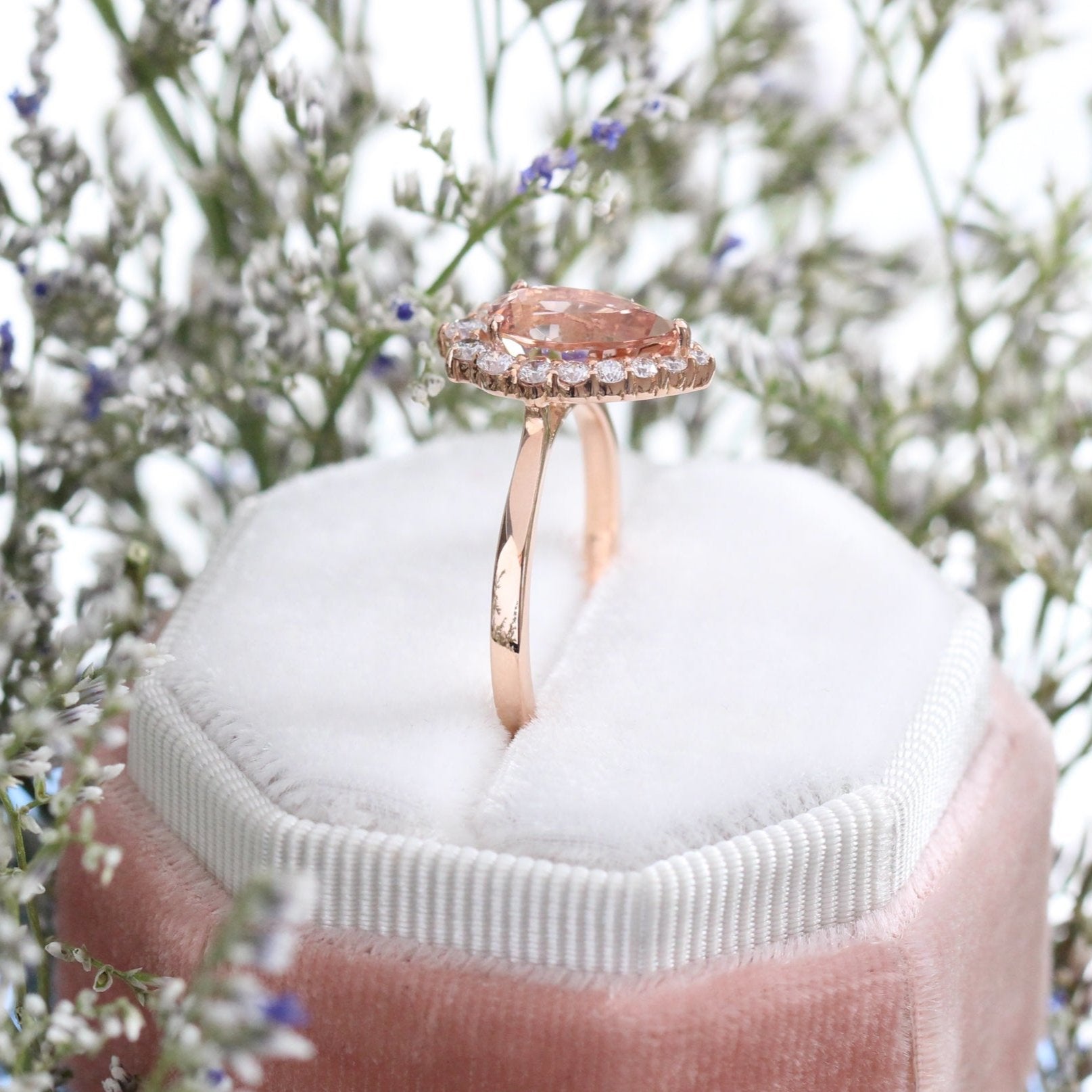 Peach Morganite Engagement Ring in Rose Gold Halo Diamond Pear Ring by La More Design Jewelry