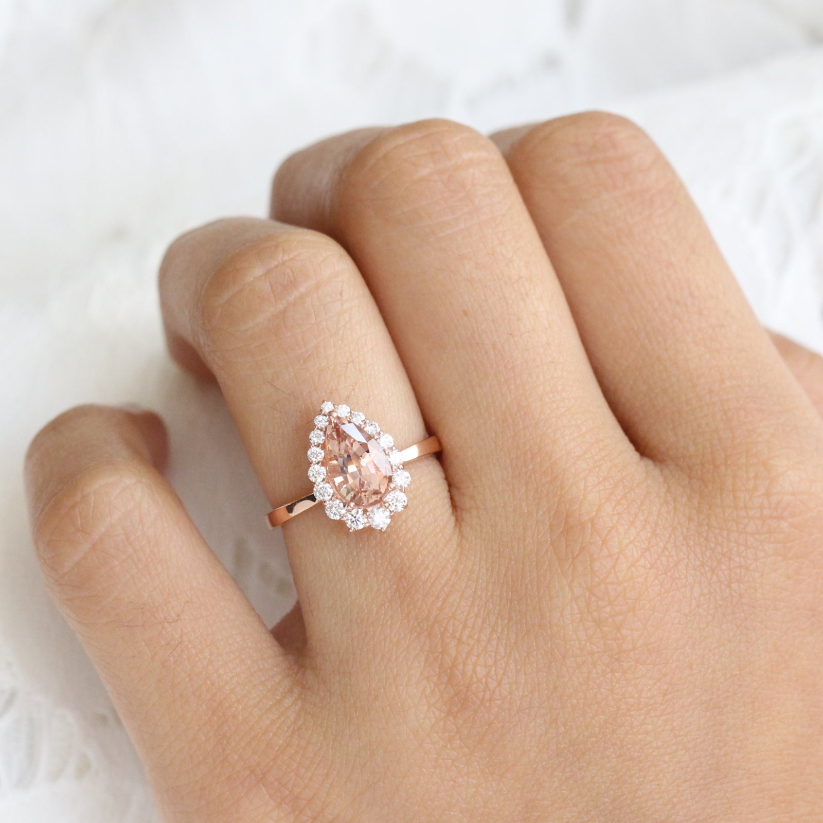 Peach Morganite Engagement Ring in Rose Gold Halo Diamond Pear Ring by La More Design Jewelry