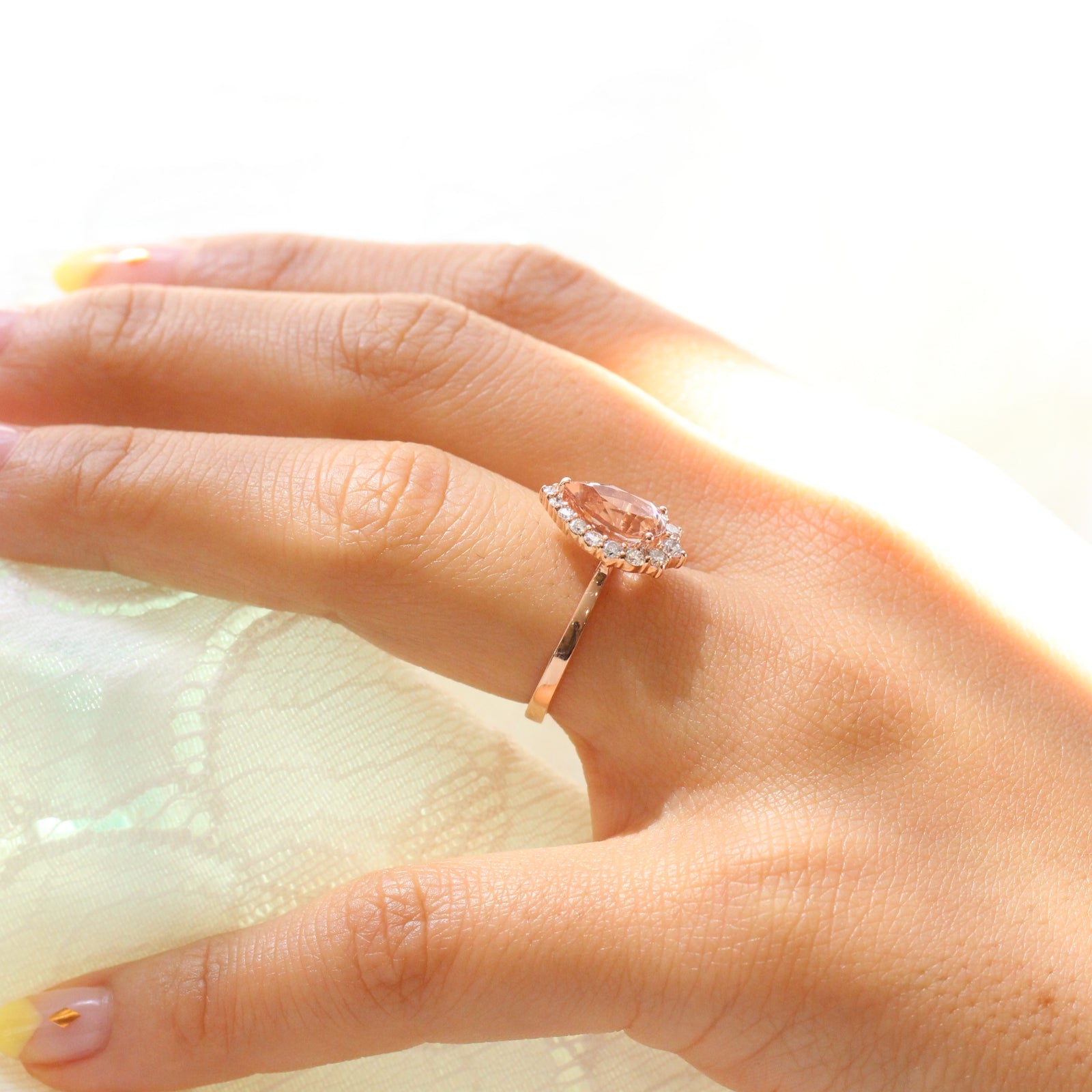 Peach Morganite Engagement Ring in Rose Gold Halo Diamond Pear Ring by La More Design Jewelry