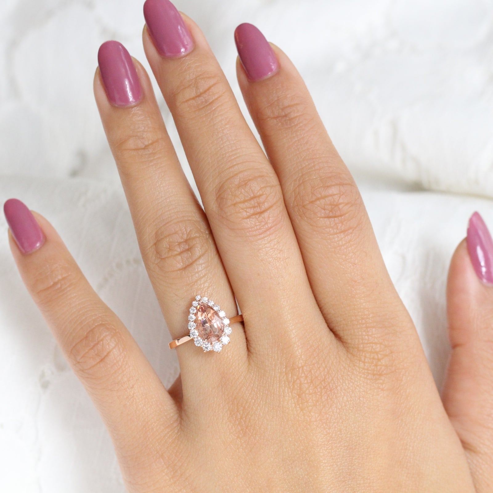 Peach Morganite Engagement Ring in Rose Gold Halo Diamond Pear Ring by La More Design Jewelry