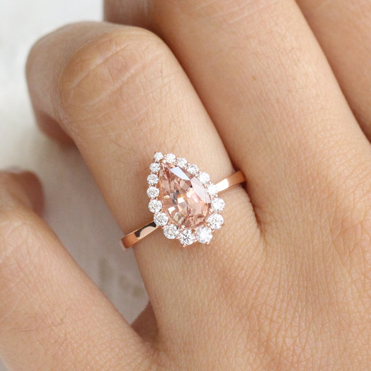 Peach Morganite Engagement Ring in Rose Gold Halo Diamond Pear Ring by La More Design Jewelry