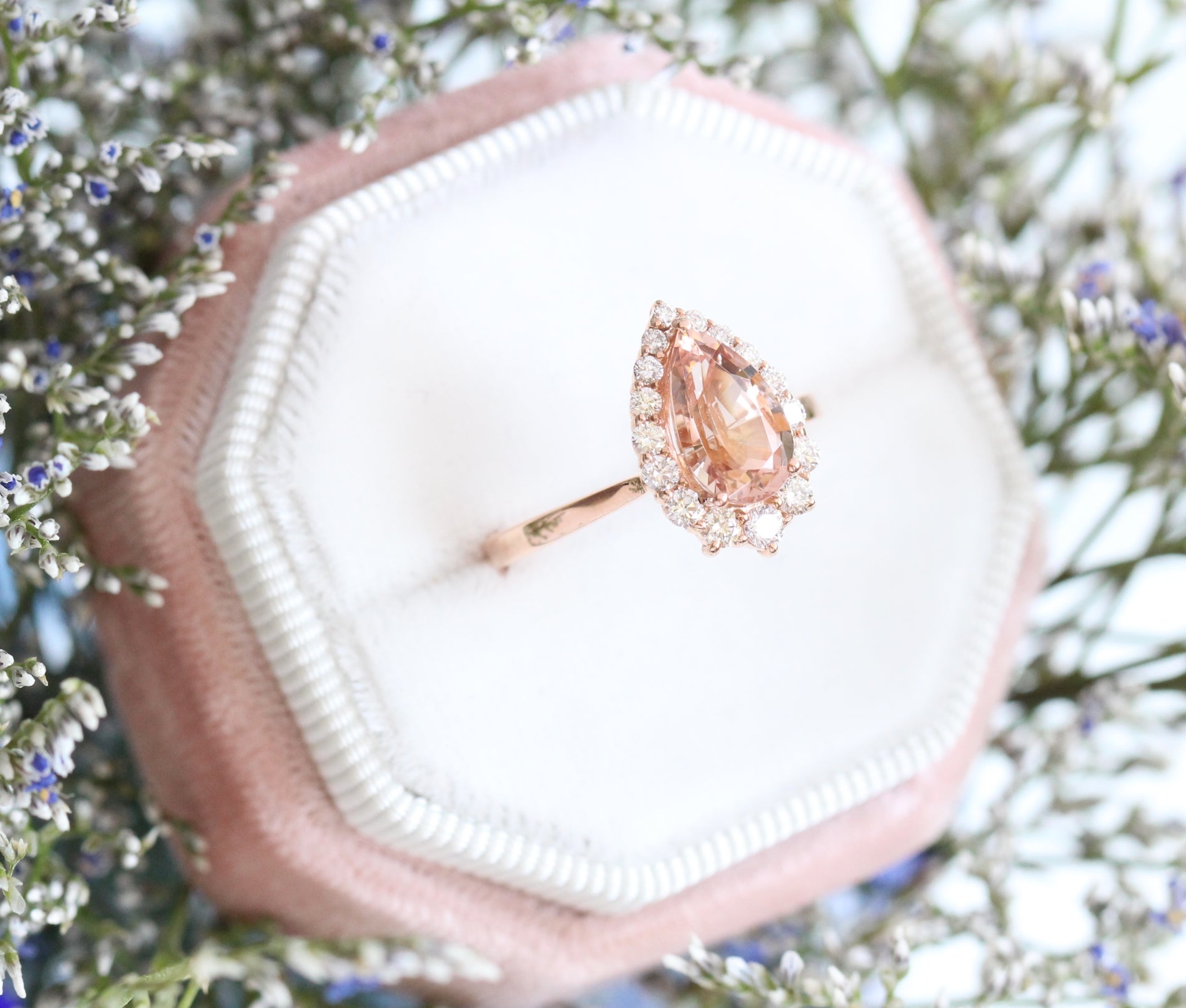 Peach Morganite Engagement Ring in Rose Gold Halo Diamond Pear Ring by La More Design Jewelry