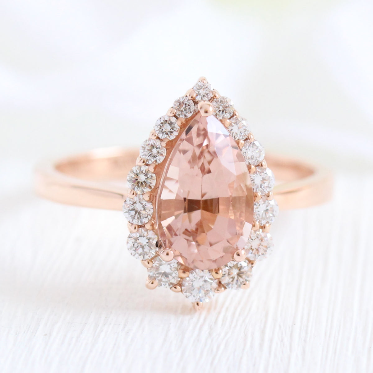 Peach Morganite Engagement Ring in Rose Gold Halo Diamond Pear Ring by La More Design Jewelry