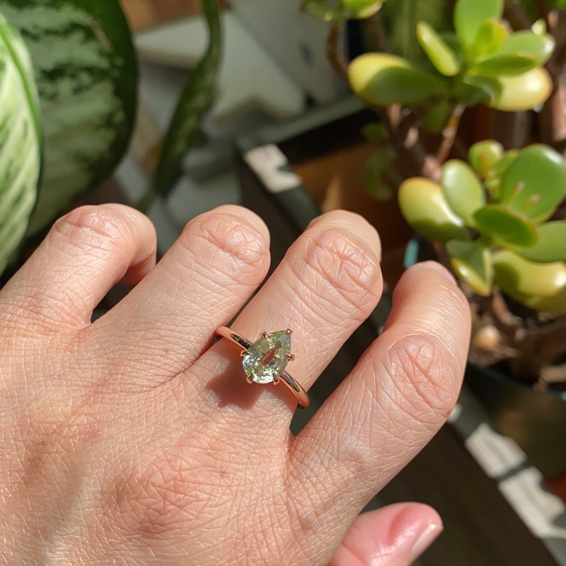 Pear Sea-foam green sapphire engagement ring rose gold low profile solitaire ring la more design jewelry