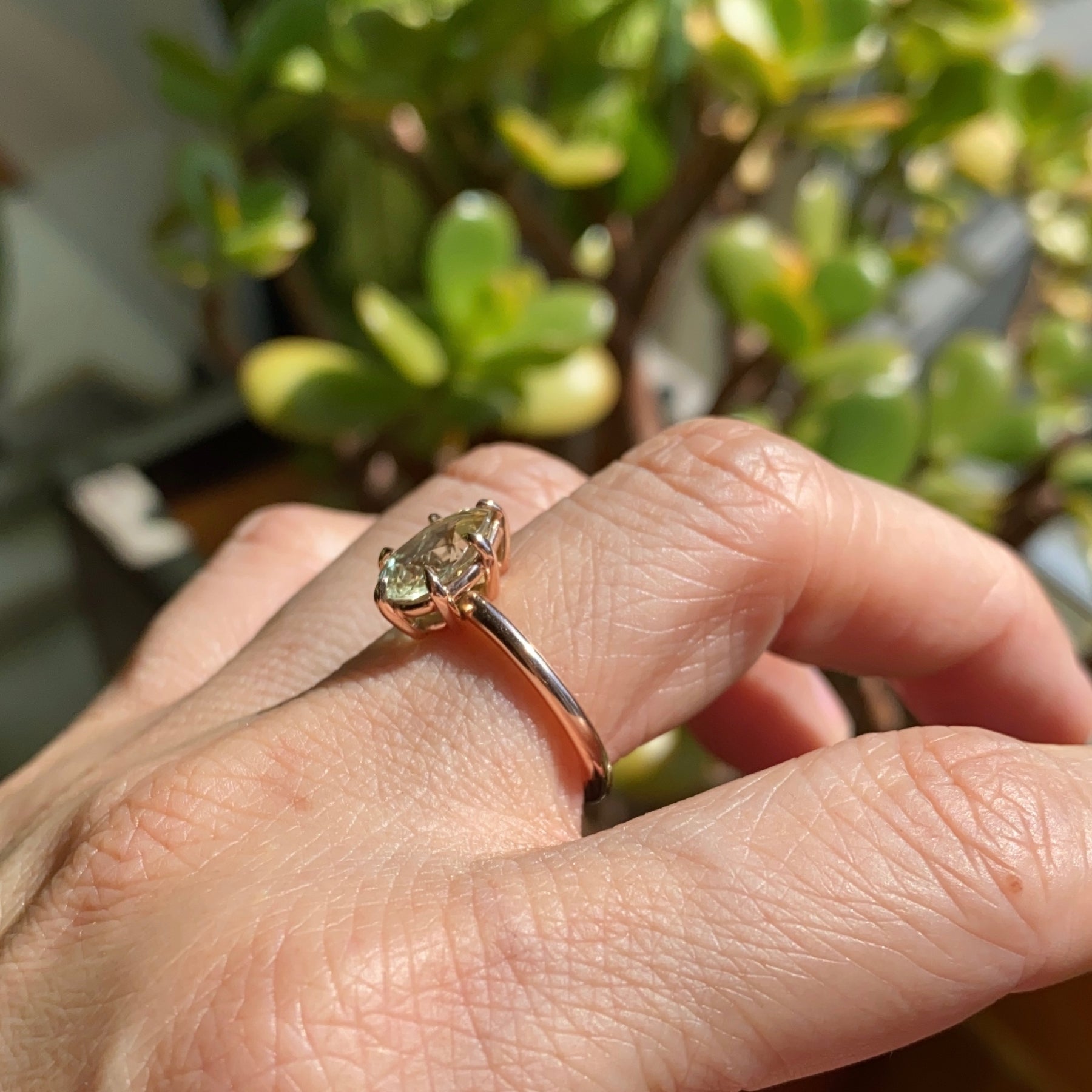 Pear Sea-foam green sapphire engagement ring rose gold low profile solitaire ring la more design jewelry